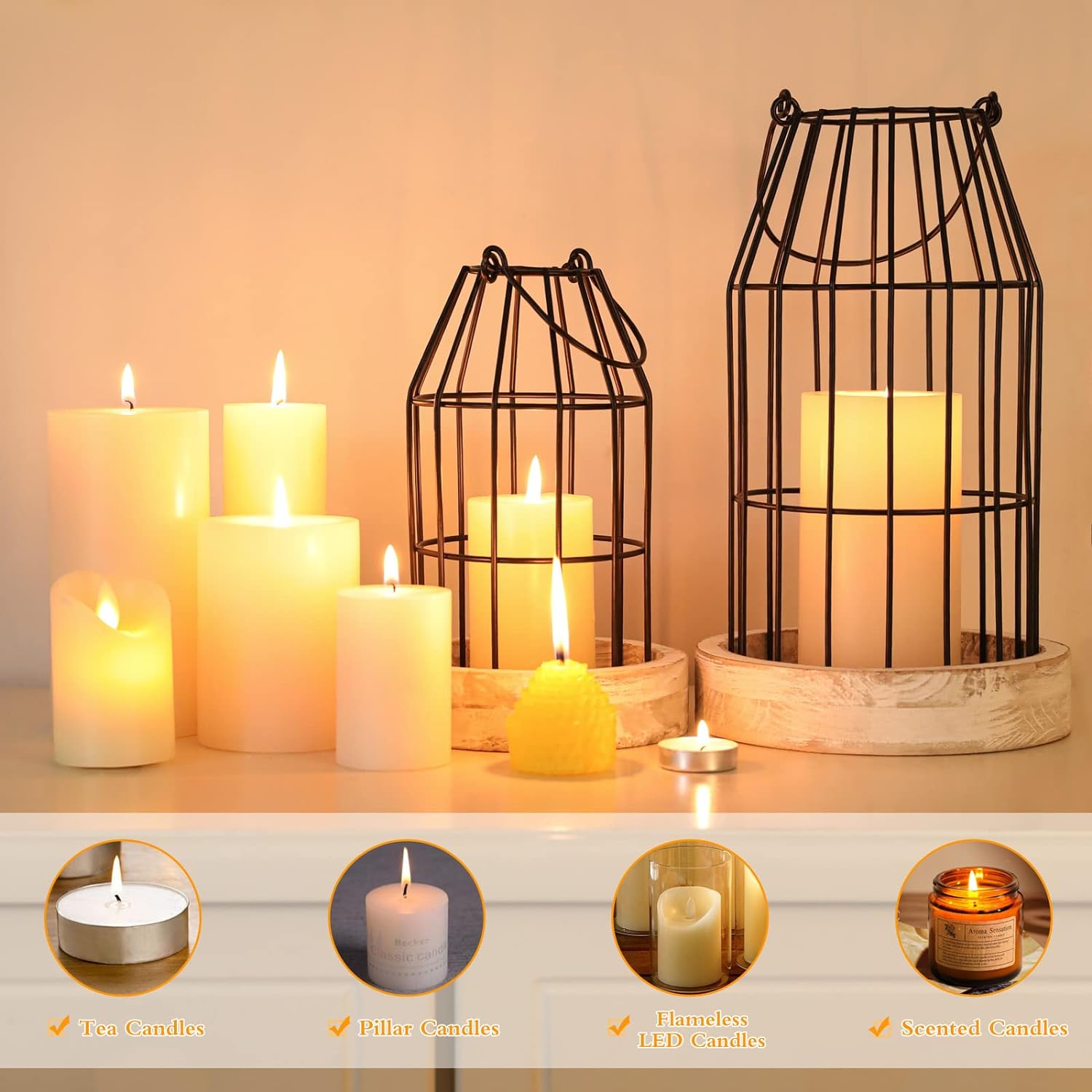Set of 2 Rustic Cage Candle Lanterns - Modern Farmhouse Indoor/Outdoor Decor - Image 4