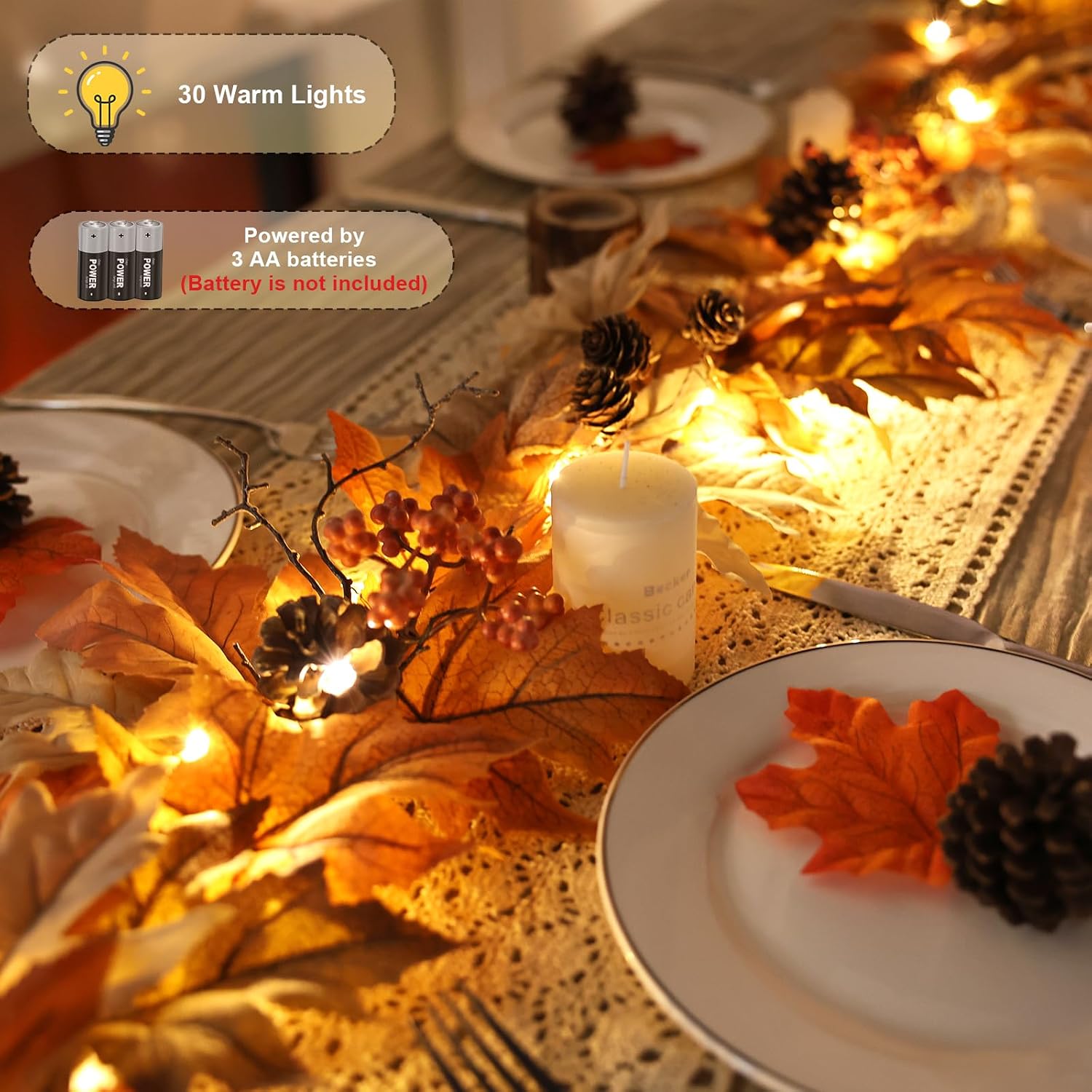 6FT Lighted Fall Garland with Timer, Realistic Leaves, Berries & Pine Cones for Decor - Image 3