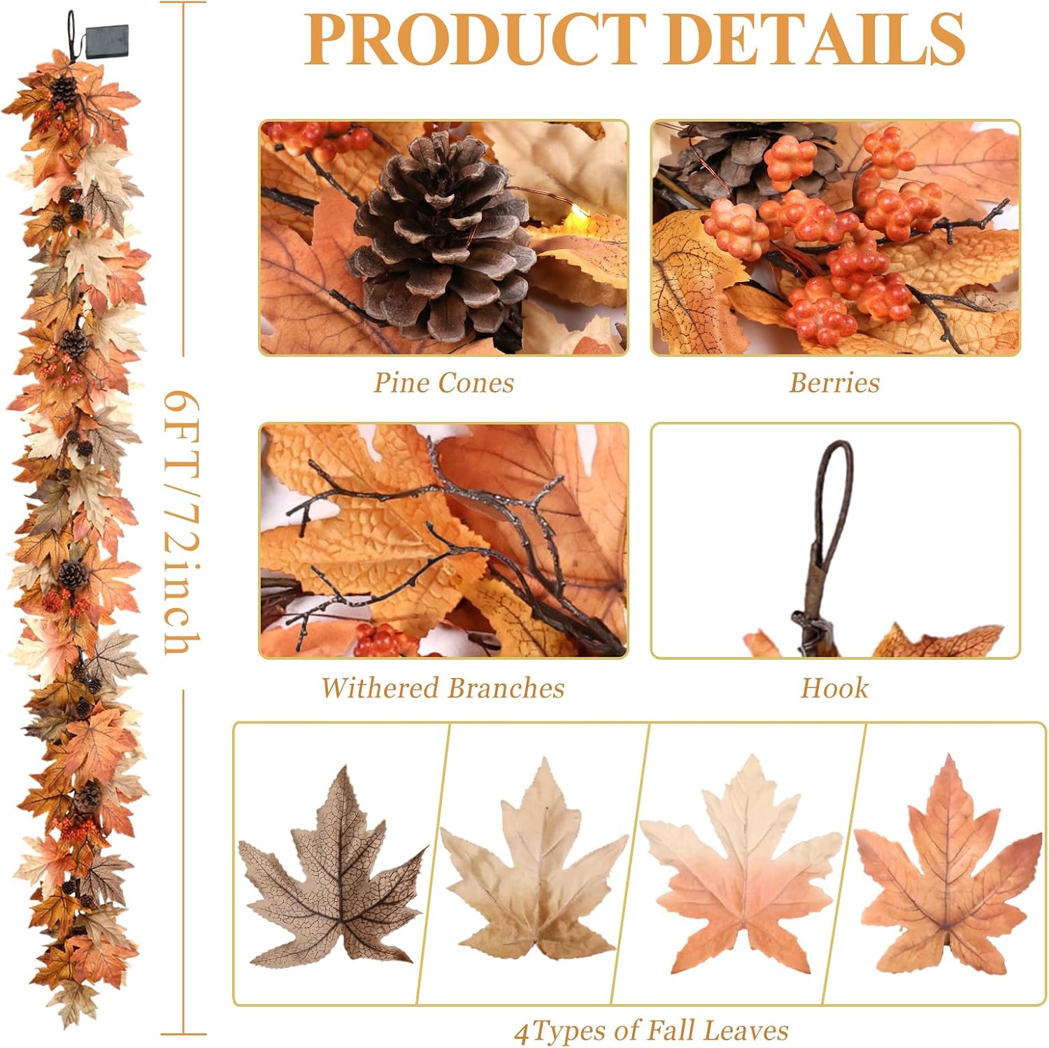 6FT Lighted Fall Garland with Timer, Realistic Leaves, Berries & Pine Cones for Decor - Image 4