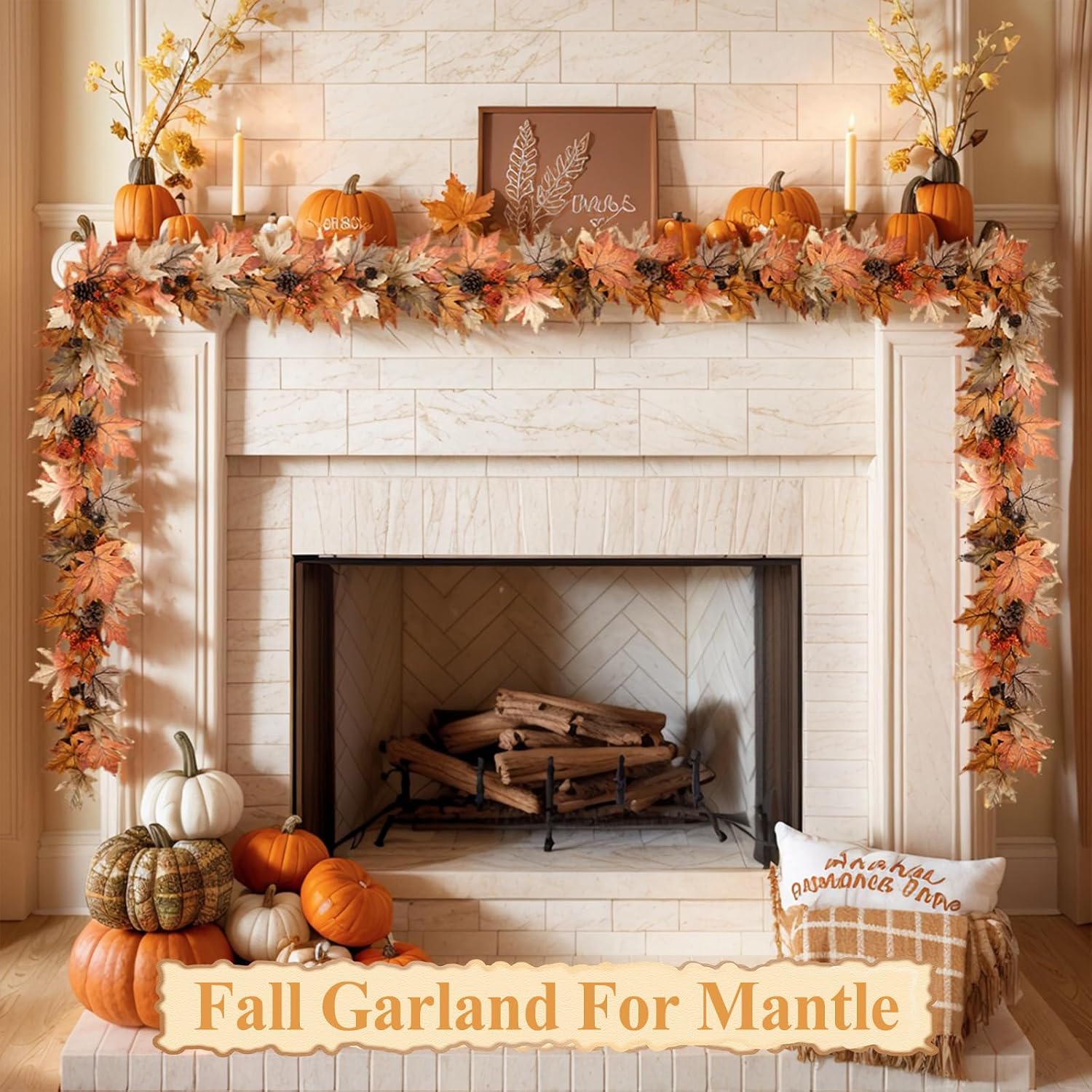 6FT Lighted Fall Garland with Timer, Realistic Leaves, Berries & Pine Cones for Decor - Image 6