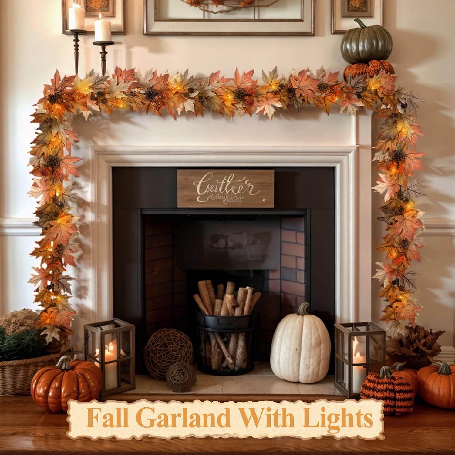 6FT Lighted Fall Garland with Timer, Realistic Leaves, Berries & Pine Cones for Decor - Image 7