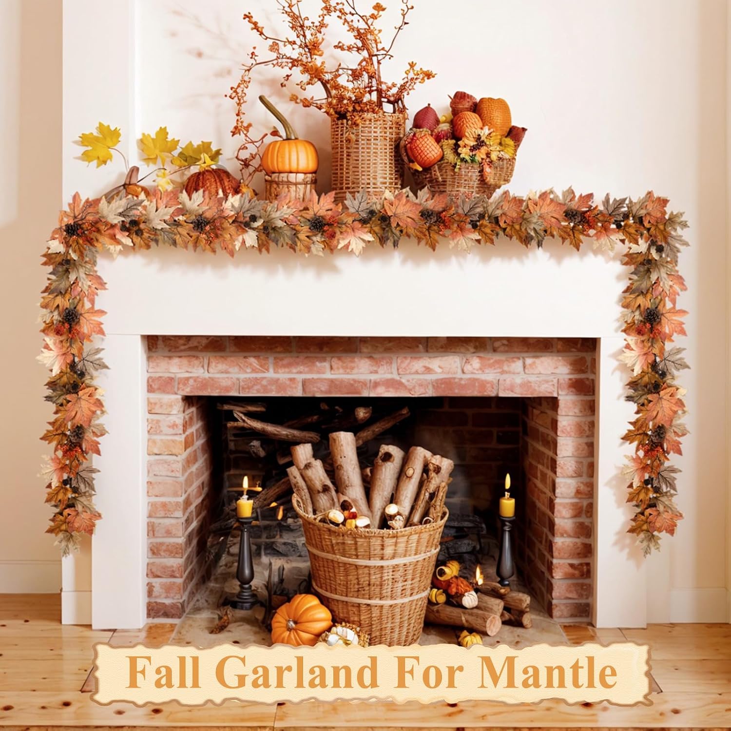6FT Lighted Fall Garland with Timer, Realistic Leaves, Berries & Pine Cones for Decor - Image 8