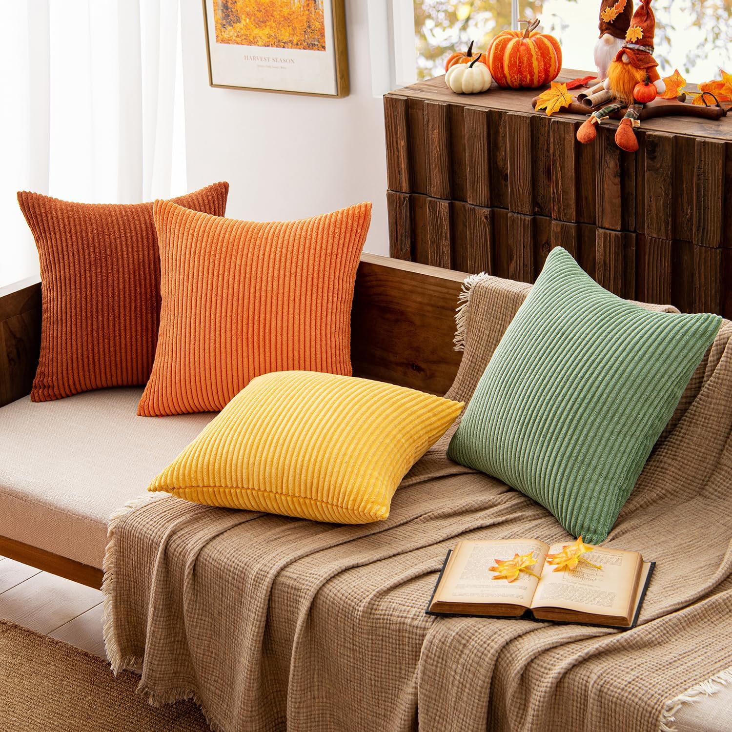 MIULEE 18x18 Fall Retro Decorative Pillow Covers, Set of 4 Yellow Rust Green - Image 3