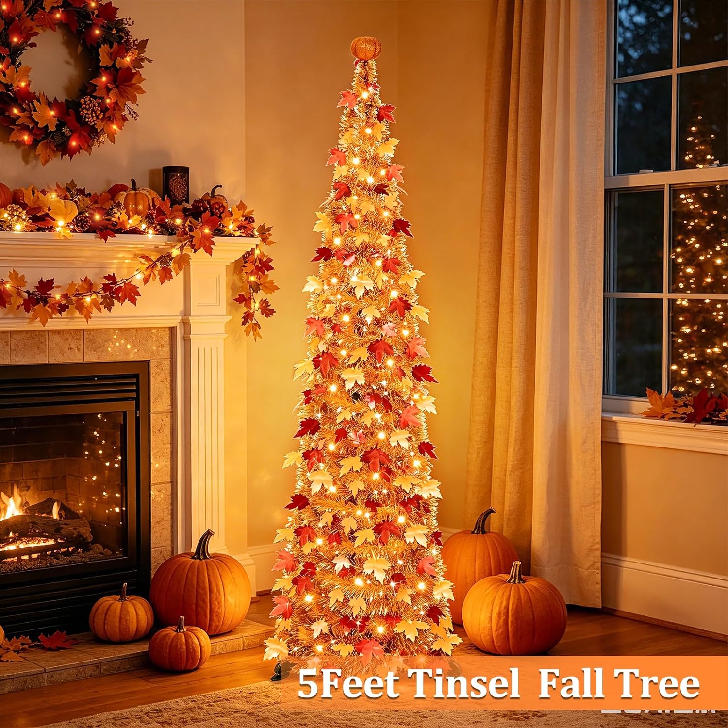 Battery 5FT Pop Up Fall Tinsel Tree with Orange LED Lights - Image 3