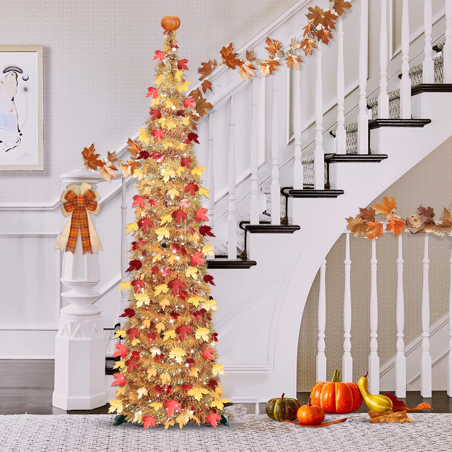 Battery 5FT Pop Up Fall Tinsel Tree with Orange LED Lights - Image 4