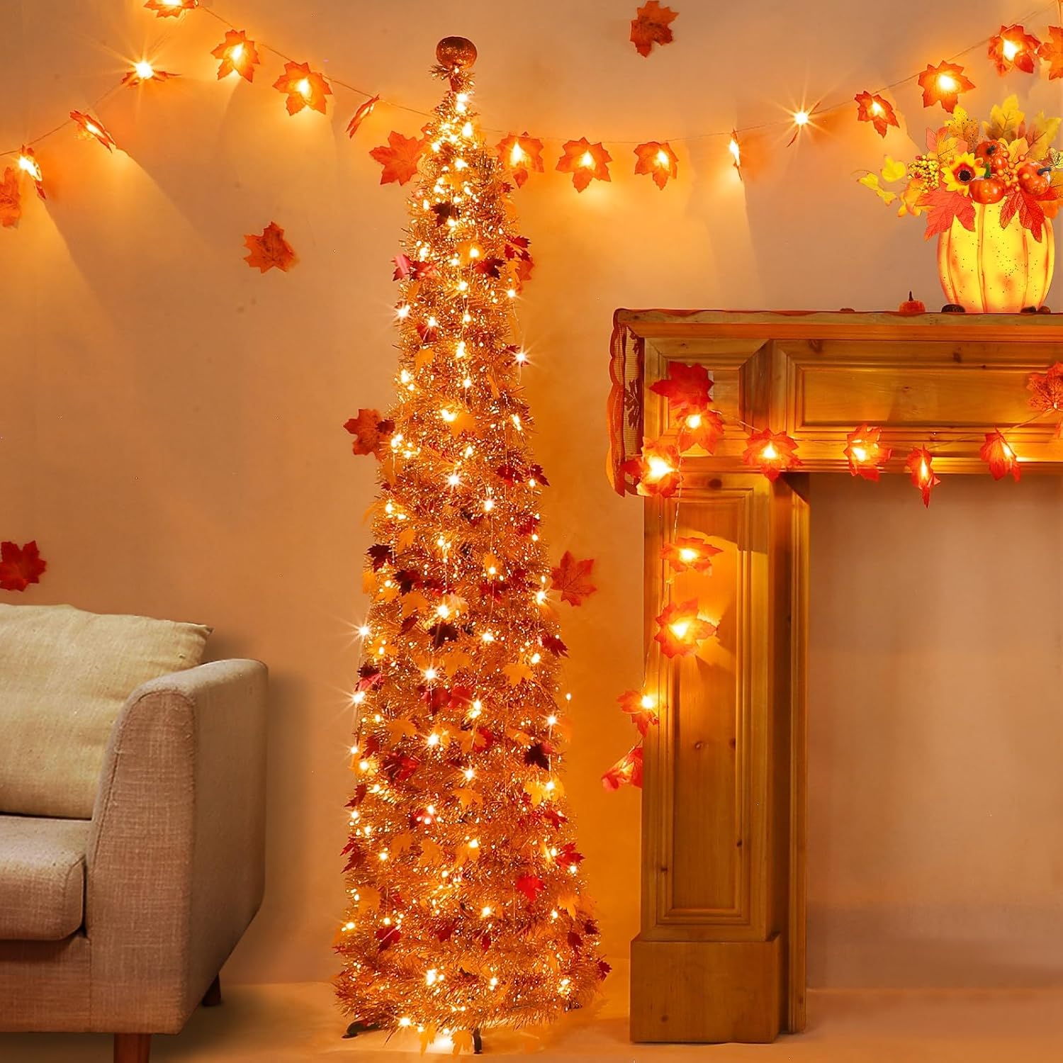 Battery 5FT Pop Up Fall Tinsel Tree with Orange LED Lights - Image 5