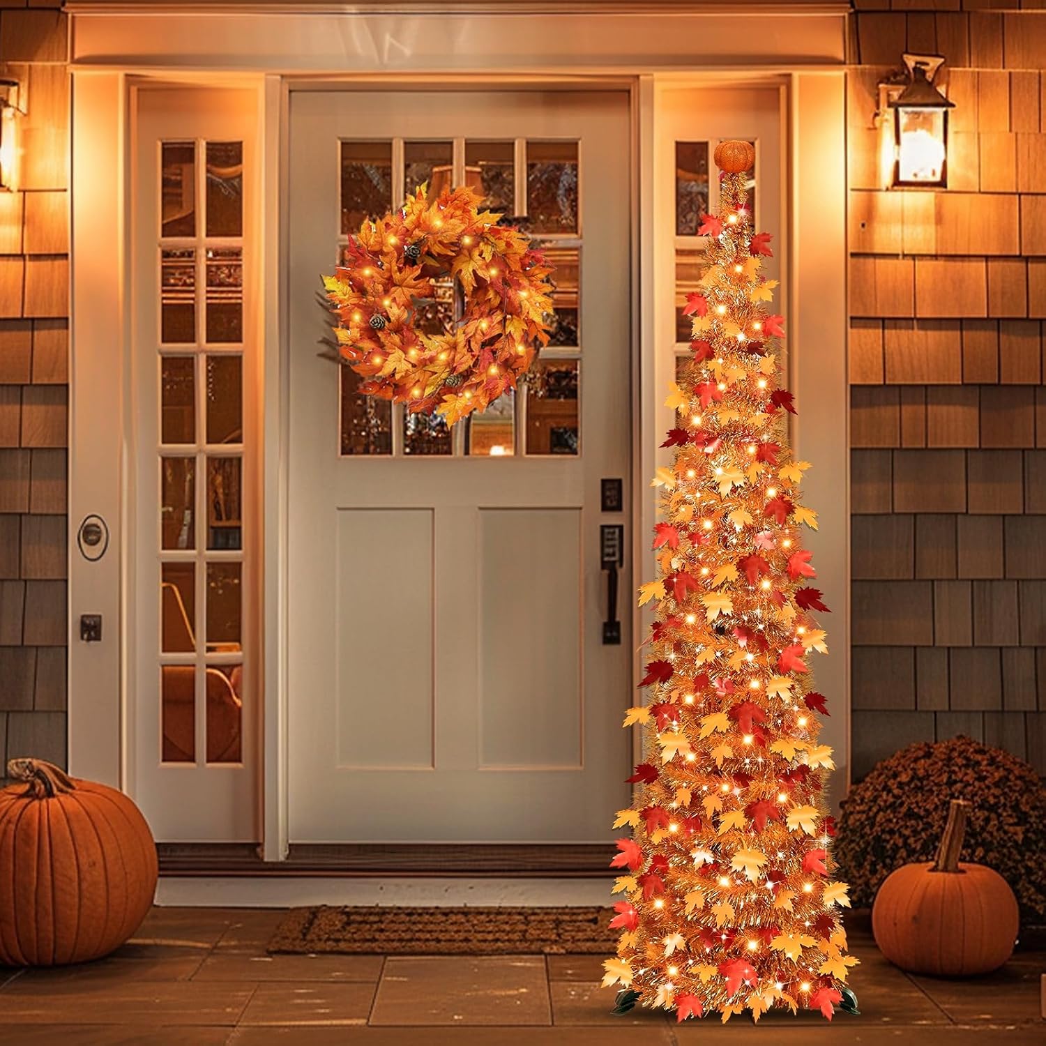 Battery 5FT Pop Up Fall Tinsel Tree with Orange LED Lights - Image 6