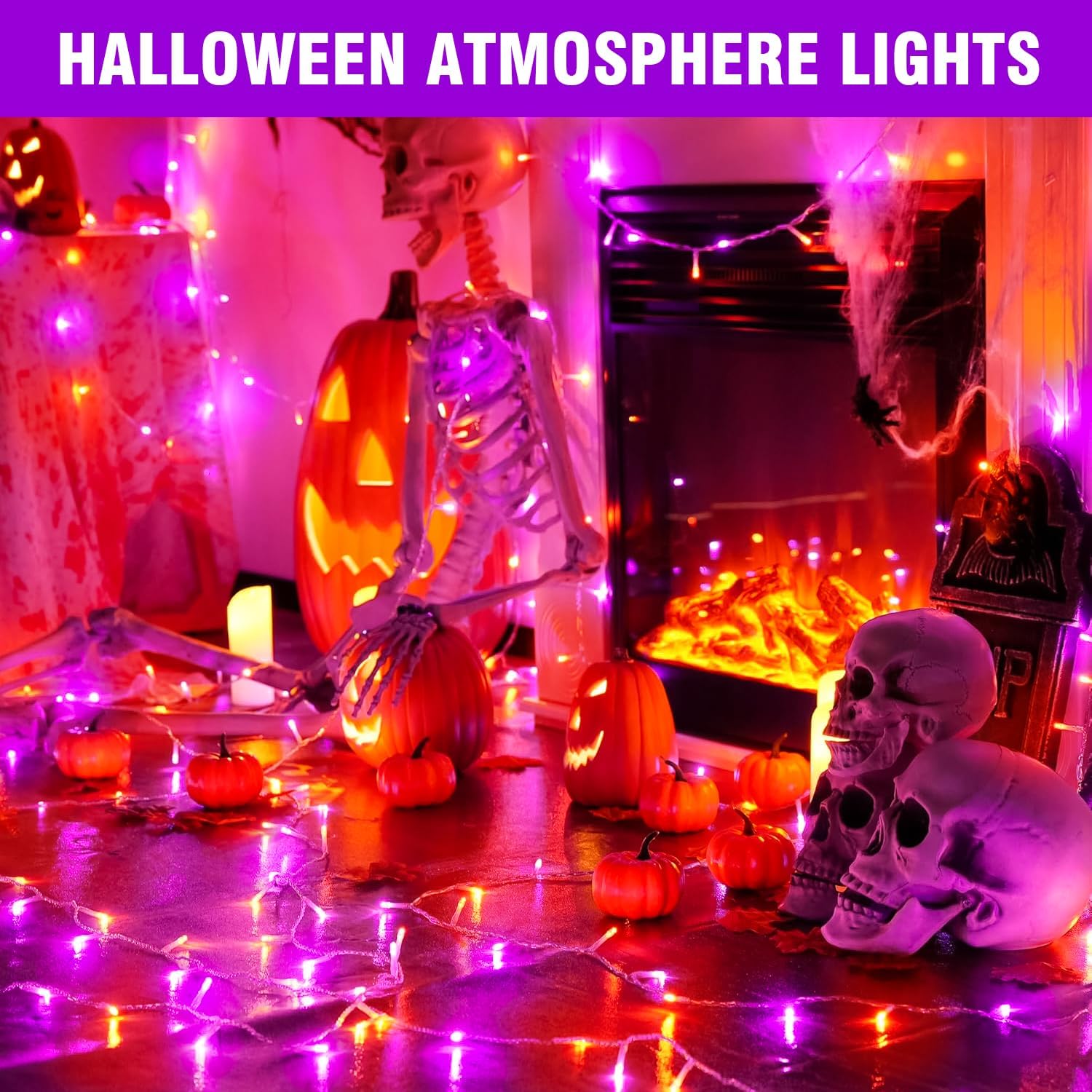100FT Purple Orange Halloween LED String Lights | Clear Wire, 8 Modes, Timer, Indoor/Outdoor - Image 3
