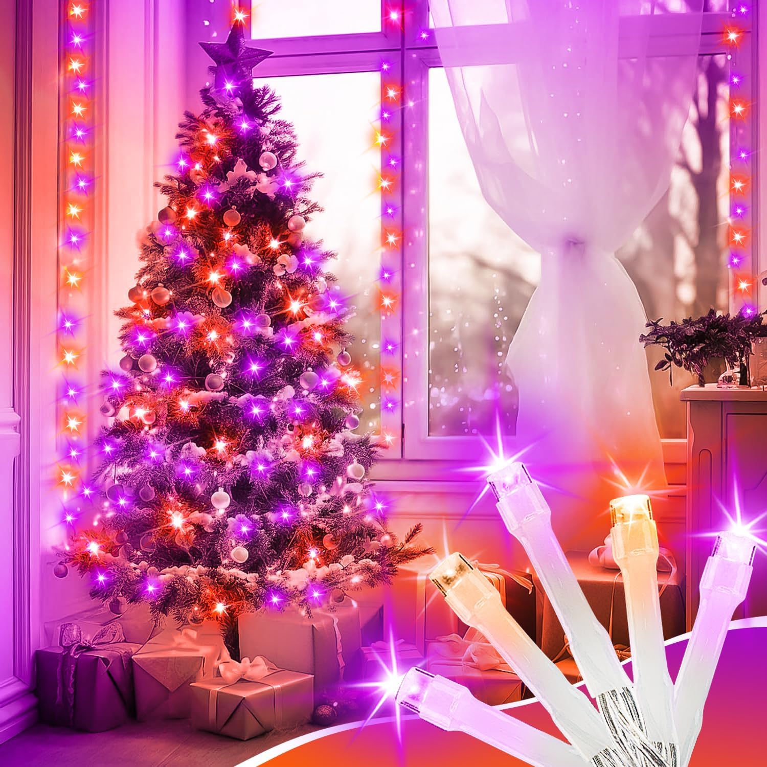 100FT Purple Orange Halloween LED String Lights | Clear Wire, 8 Modes, Timer, Indoor/Outdoor - Image 4