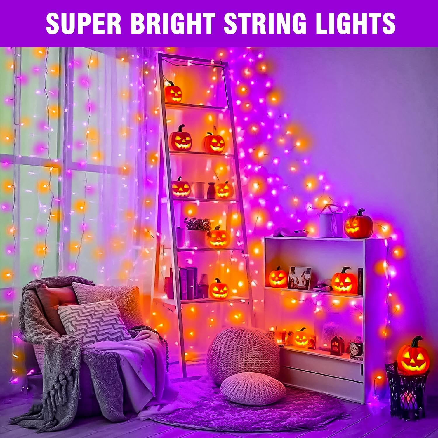 100FT Purple Orange Halloween LED String Lights | Clear Wire, 8 Modes, Timer, Indoor/Outdoor - Image 5