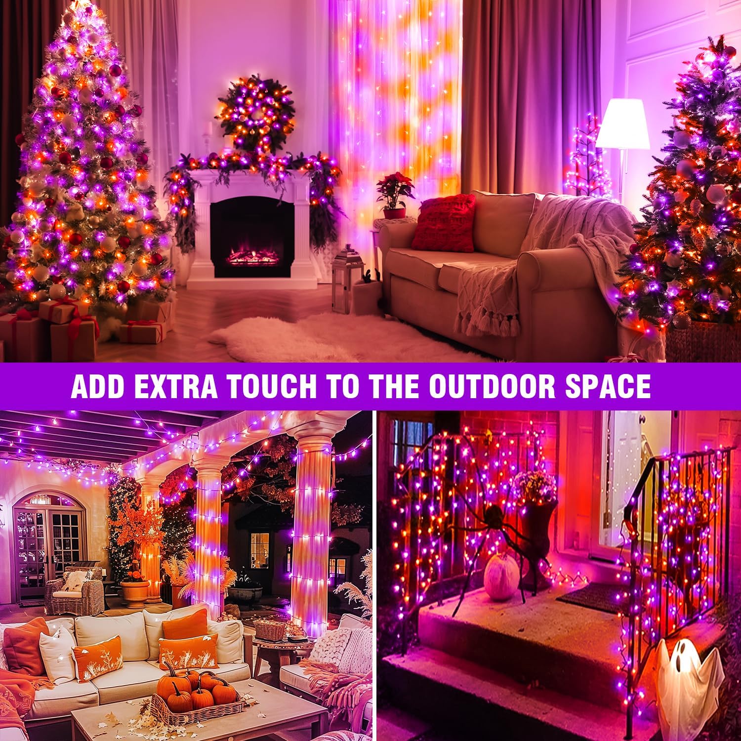 100FT Purple Orange Halloween LED String Lights | Clear Wire, 8 Modes, Timer, Indoor/Outdoor - Image 6