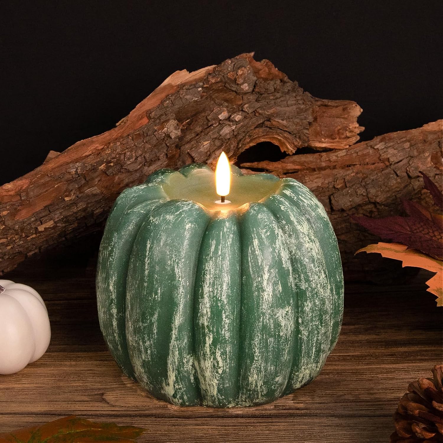 Fall Pumpkin LED Candle: Flameless, Flickering Wax, Timer Remote. - Image 5