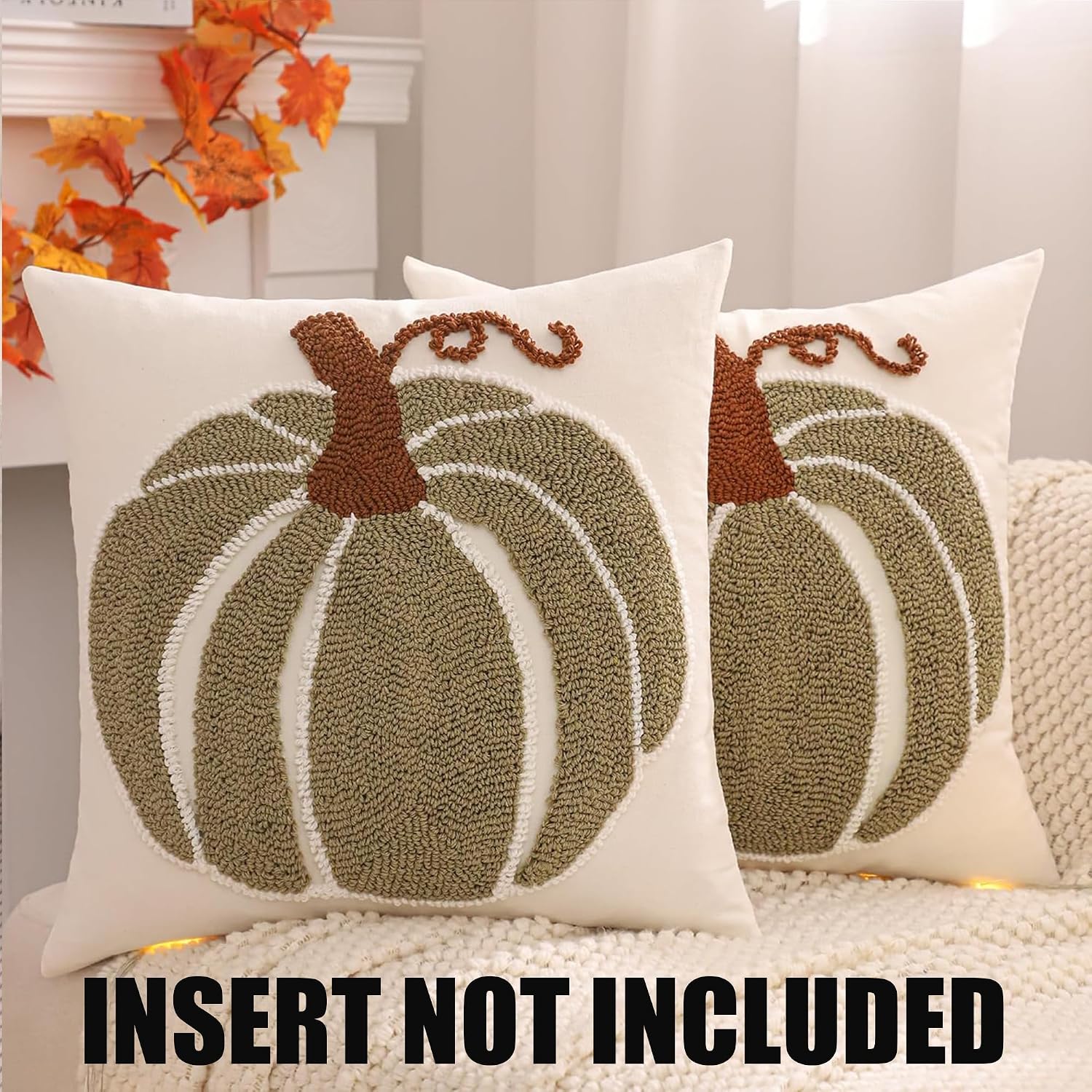 Fall Green Pumpkin 18x18 Embroidered Pillow Covers (Set of 2) - Halloween/Thanksgiving - Image 4