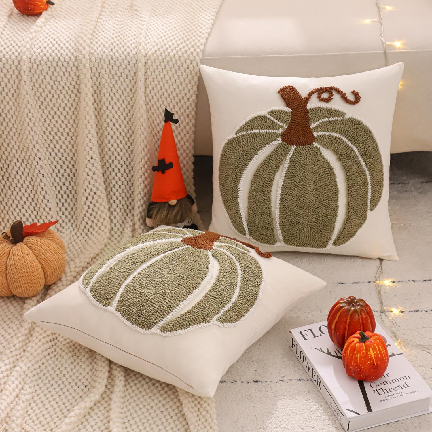 Fall Green Pumpkin 18x18 Embroidered Pillow Covers (Set of 2) - Halloween/Thanksgiving - Image 5