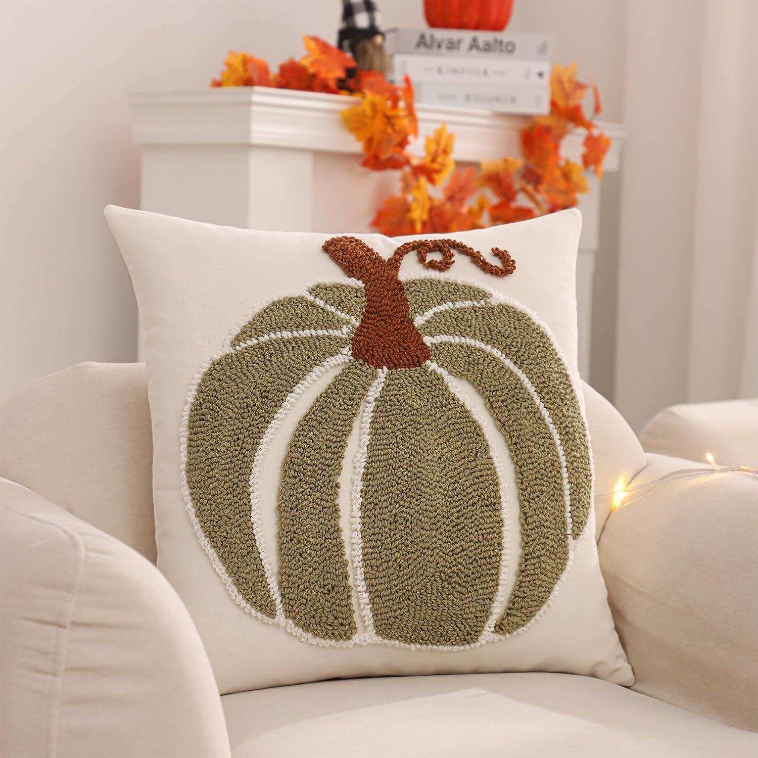 Fall Green Pumpkin 18x18 Embroidered Pillow Covers (Set of 2) - Halloween/Thanksgiving - Image 6