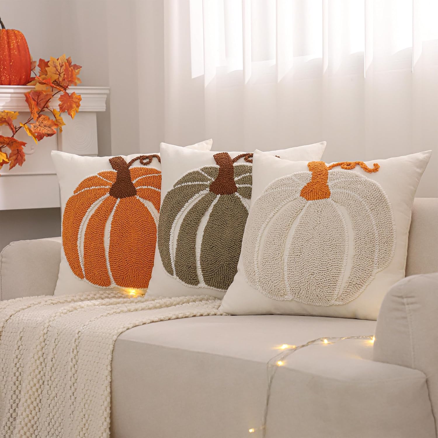Fall Green Pumpkin 18x18 Embroidered Pillow Covers (Set of 2) - Halloween/Thanksgiving - Image 8