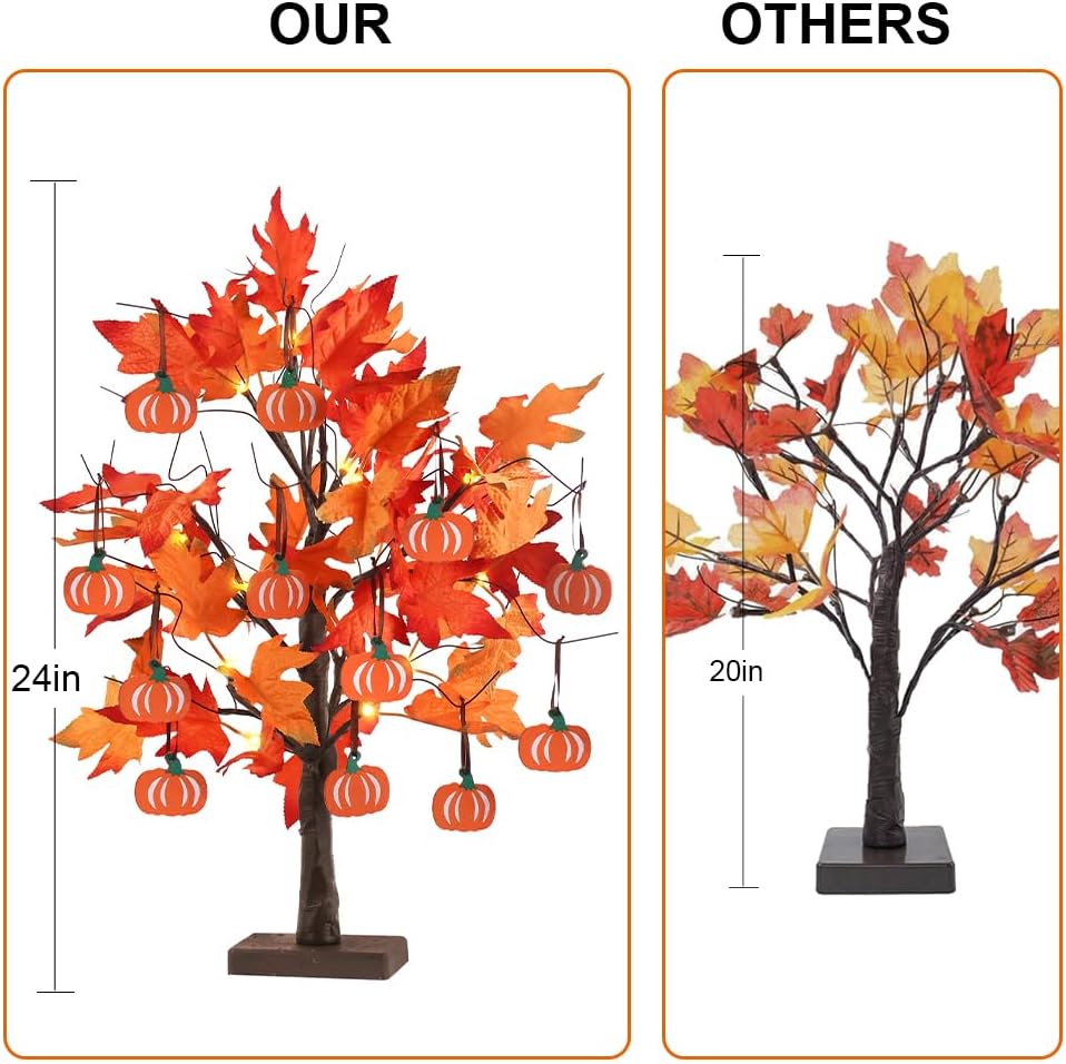 24" Lighted Maple Leaf Tree with Pumpkins for Fall & Thanksgiving Decor - Image 3