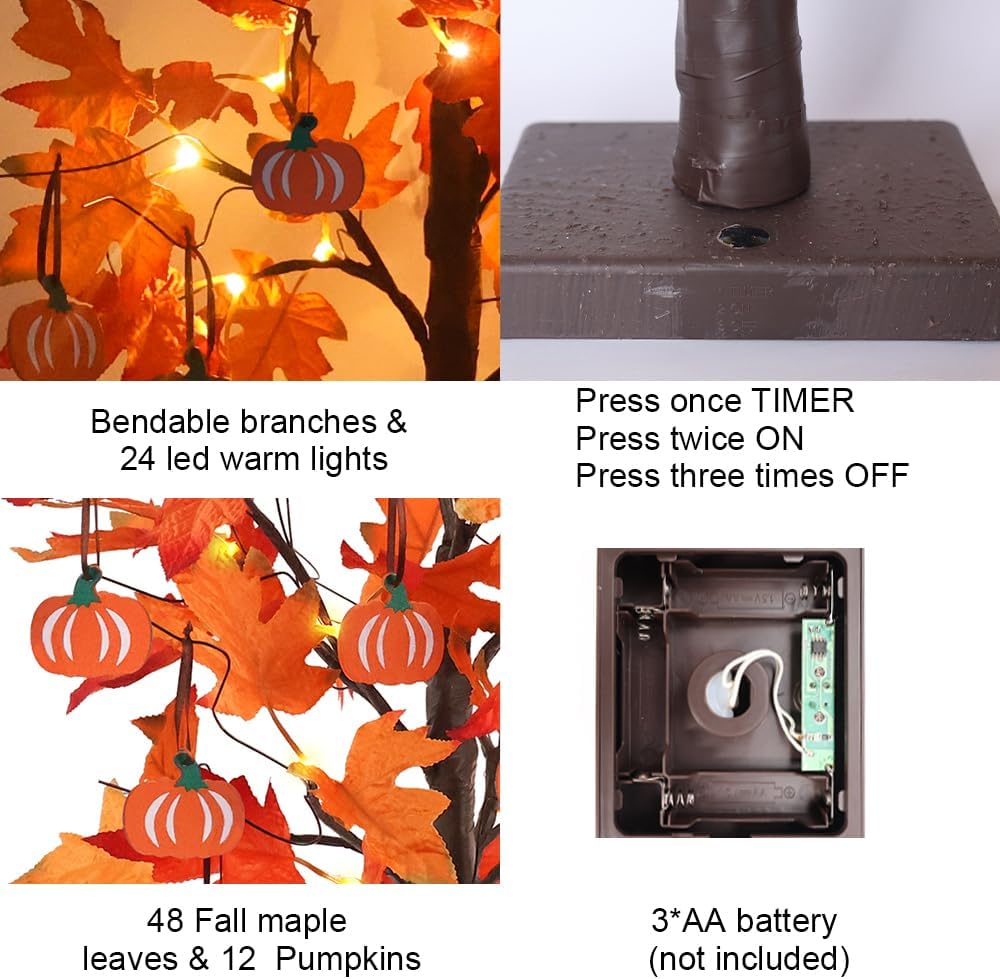 24" Lighted Maple Leaf Tree with Pumpkins for Fall & Thanksgiving Decor - Image 4
