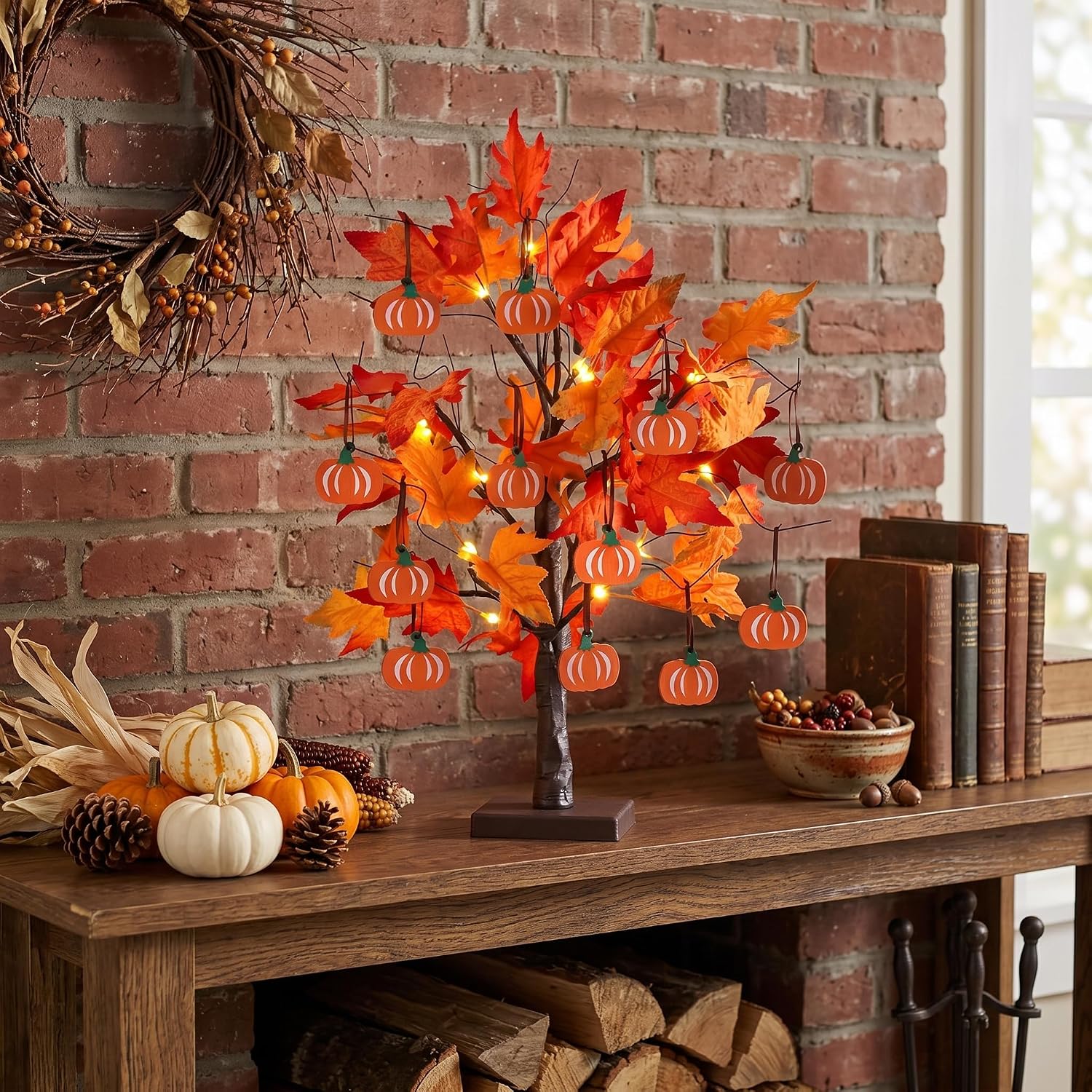 24" Lighted Maple Leaf Tree with Pumpkins for Fall & Thanksgiving Decor - Image 5