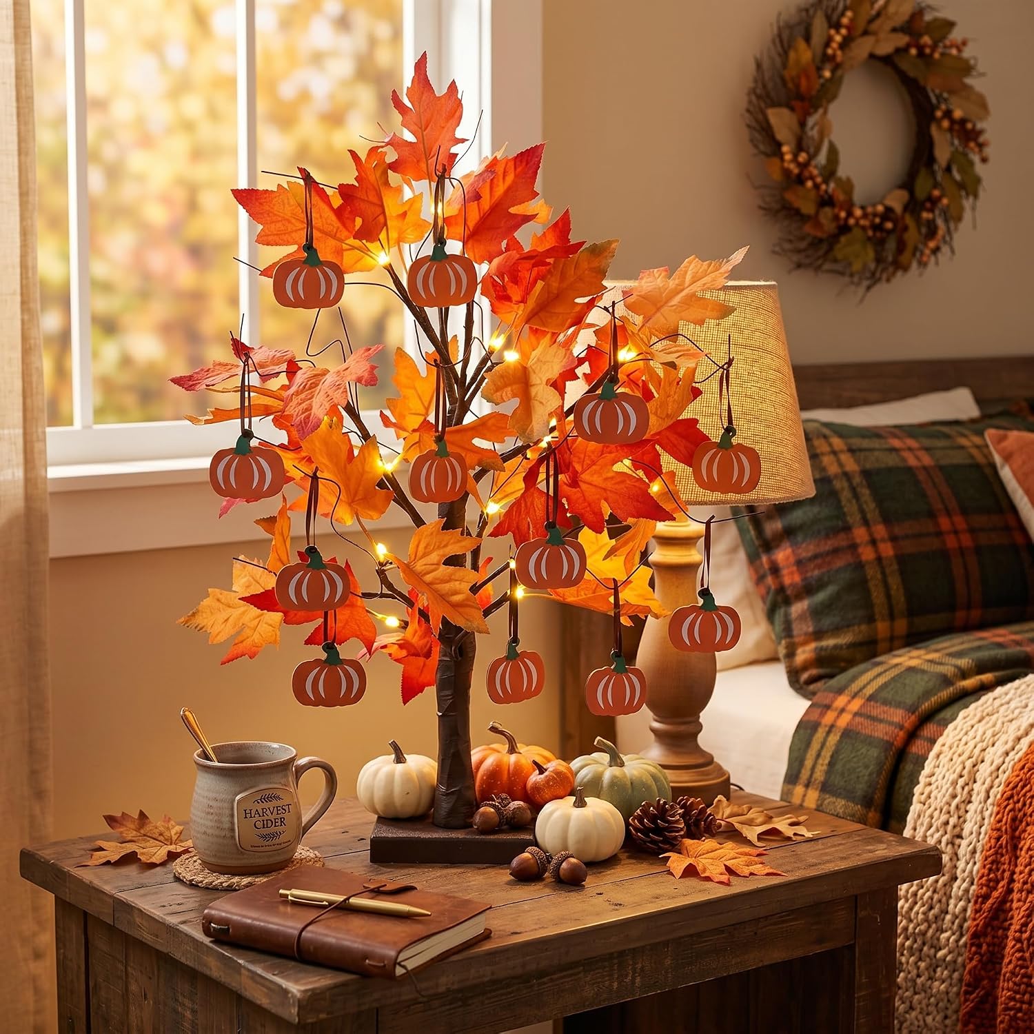 24" Lighted Maple Leaf Tree with Pumpkins for Fall & Thanksgiving Decor - Image 6