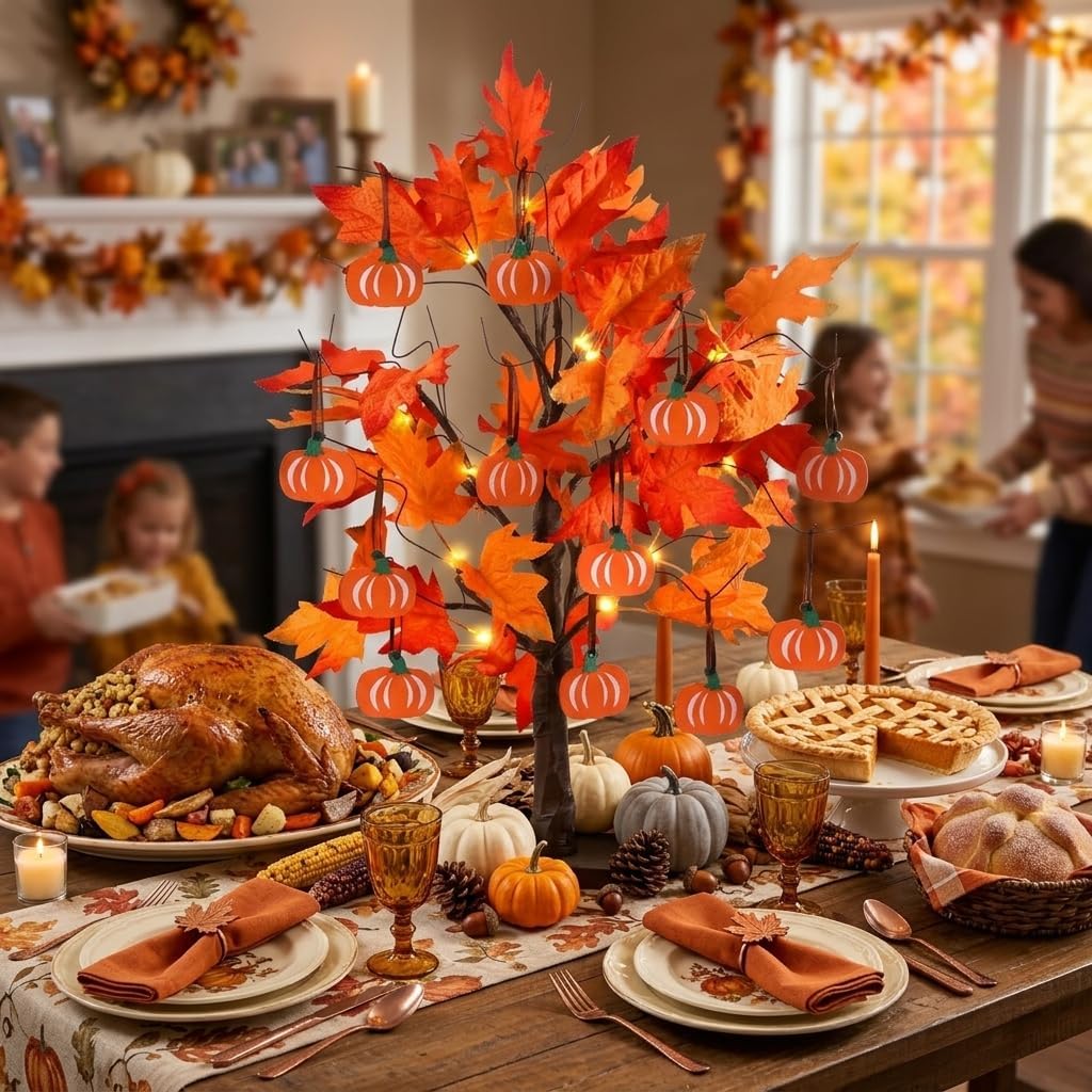 24" Lighted Maple Leaf Tree with Pumpkins for Fall & Thanksgiving Decor - Image 7