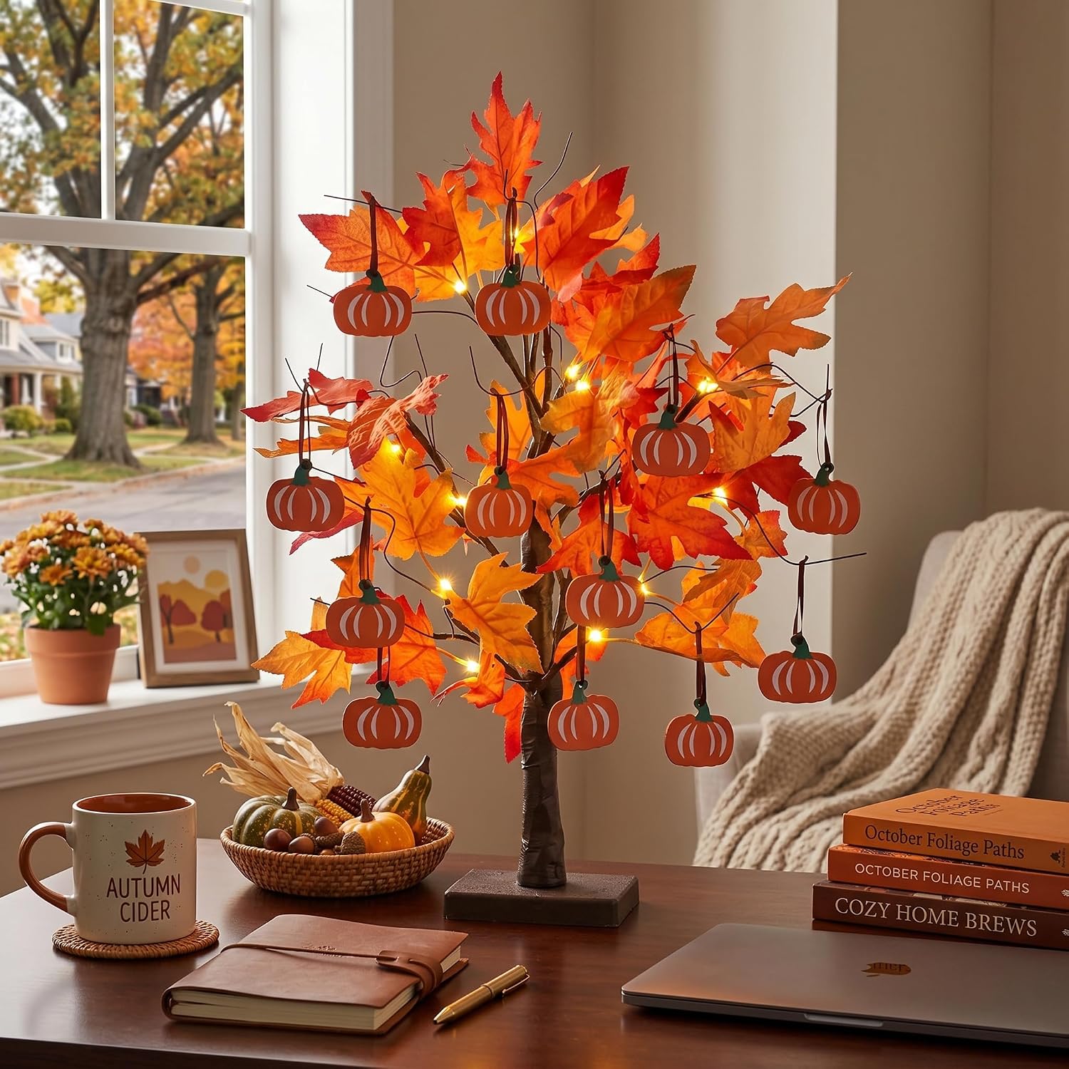 24" Lighted Maple Leaf Tree with Pumpkins for Fall & Thanksgiving Decor - Image 8