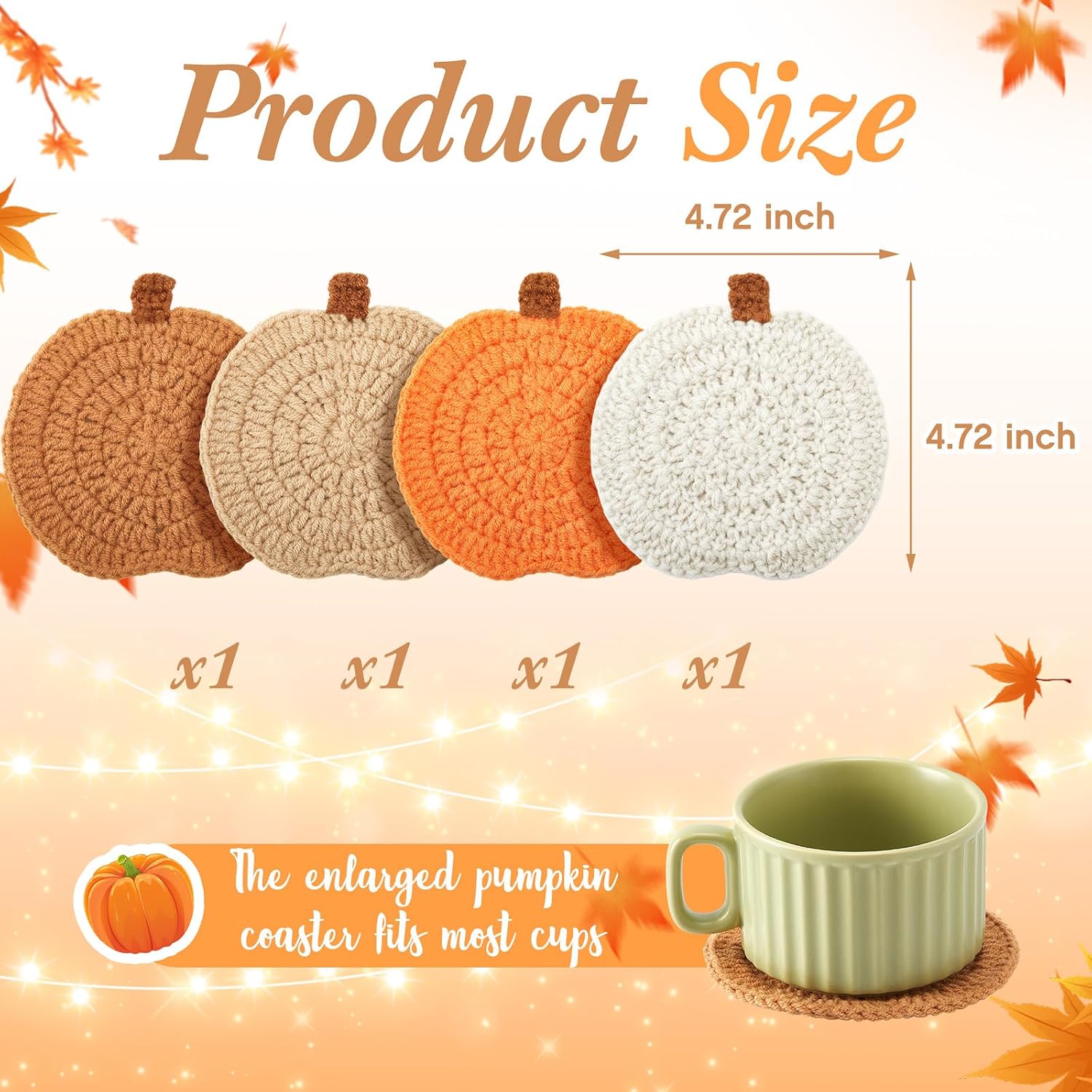 Autumn Thanksgiving 4 Pcs Handmade Orange Pumpkin Coasters - Image 2
