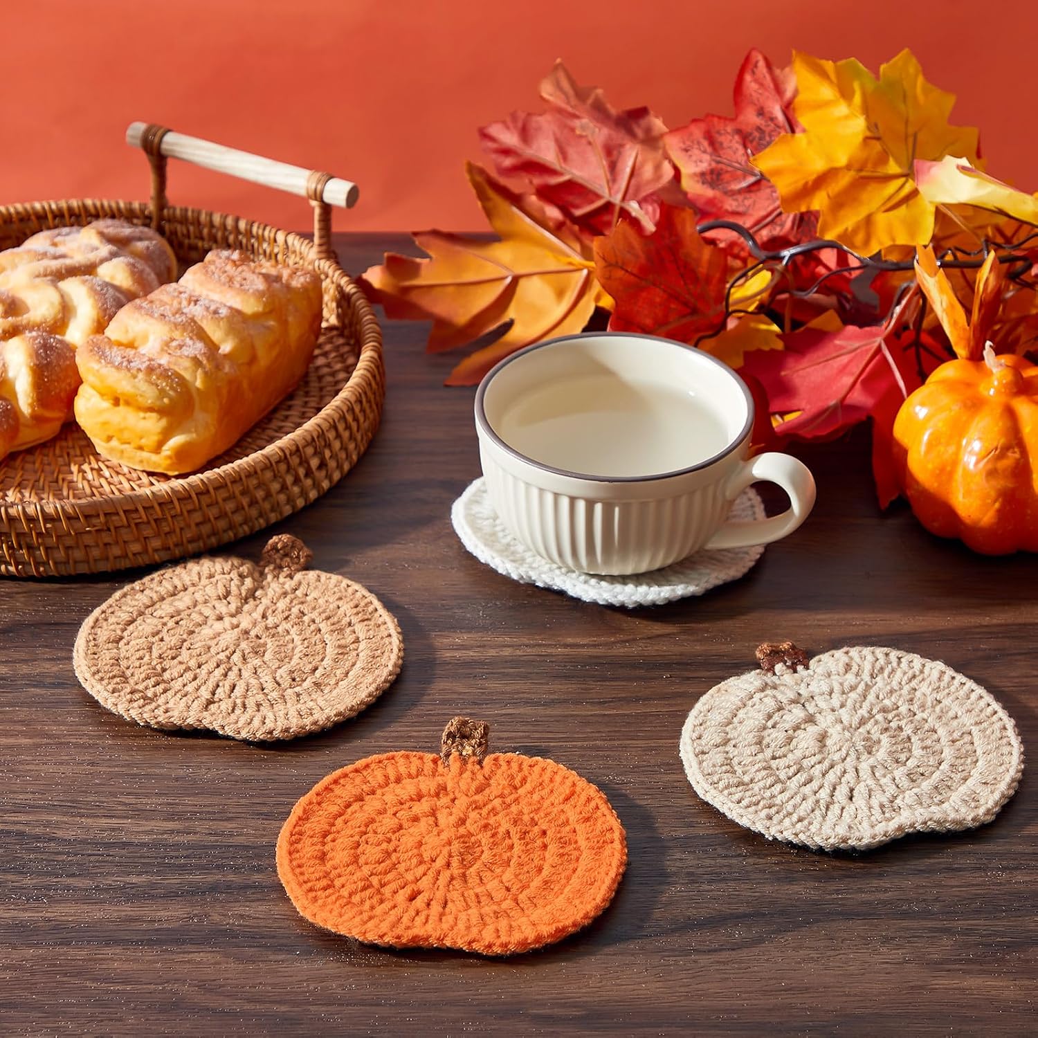 Autumn Thanksgiving 4 Pcs Handmade Orange Pumpkin Coasters - Image 3