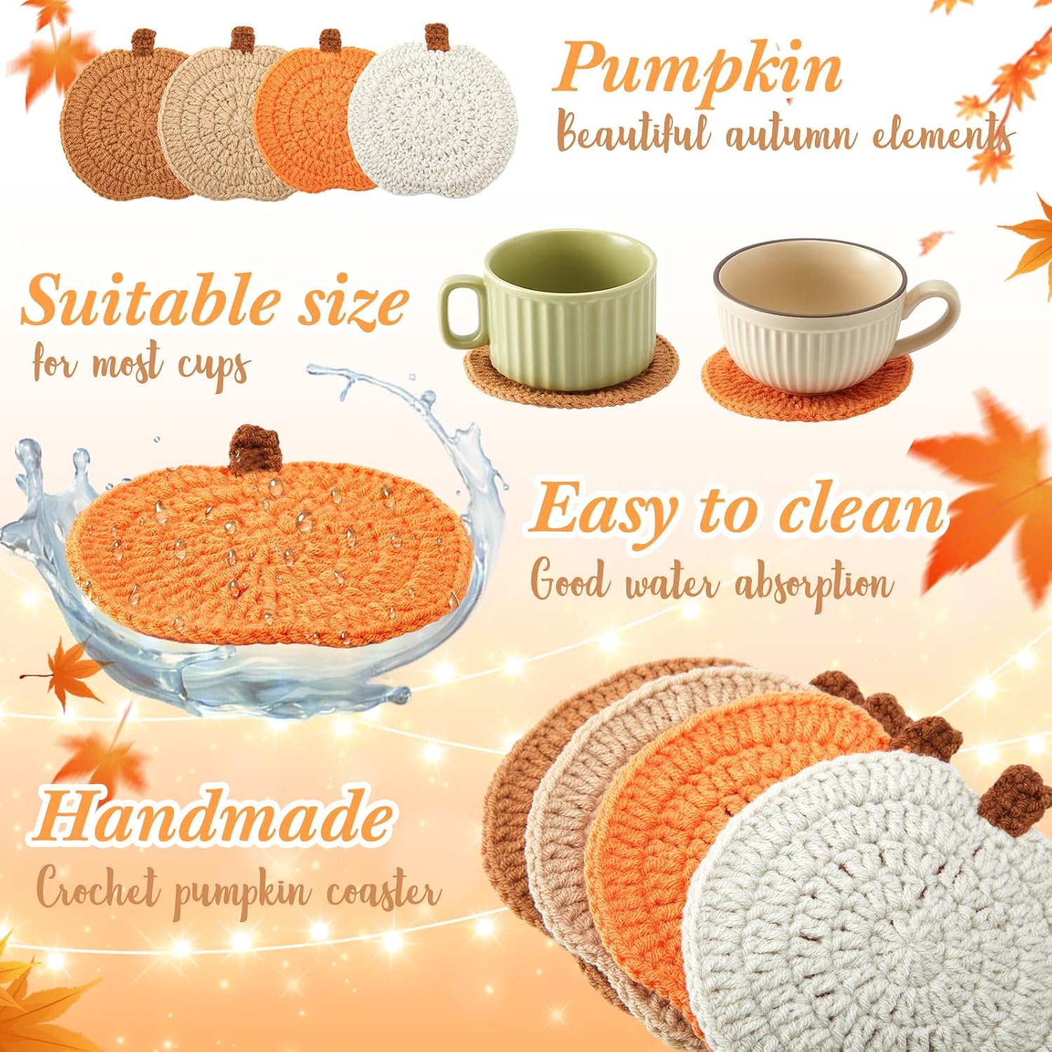 Autumn Thanksgiving 4 Pcs Handmade Orange Pumpkin Coasters - Image 5