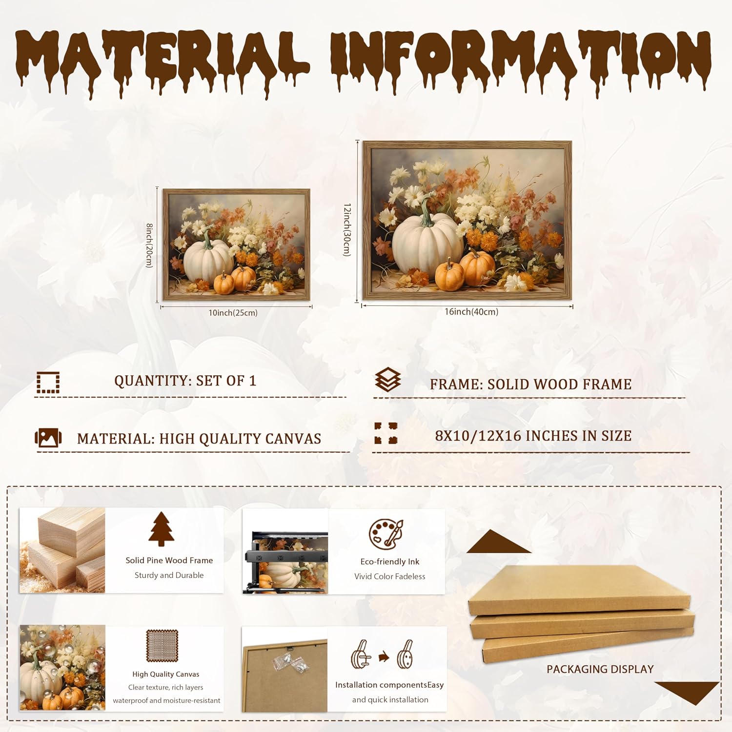 8x10" Rustic Farmhouse Framed White Pumpkin & Floral Fall Canvas Art - Image 5