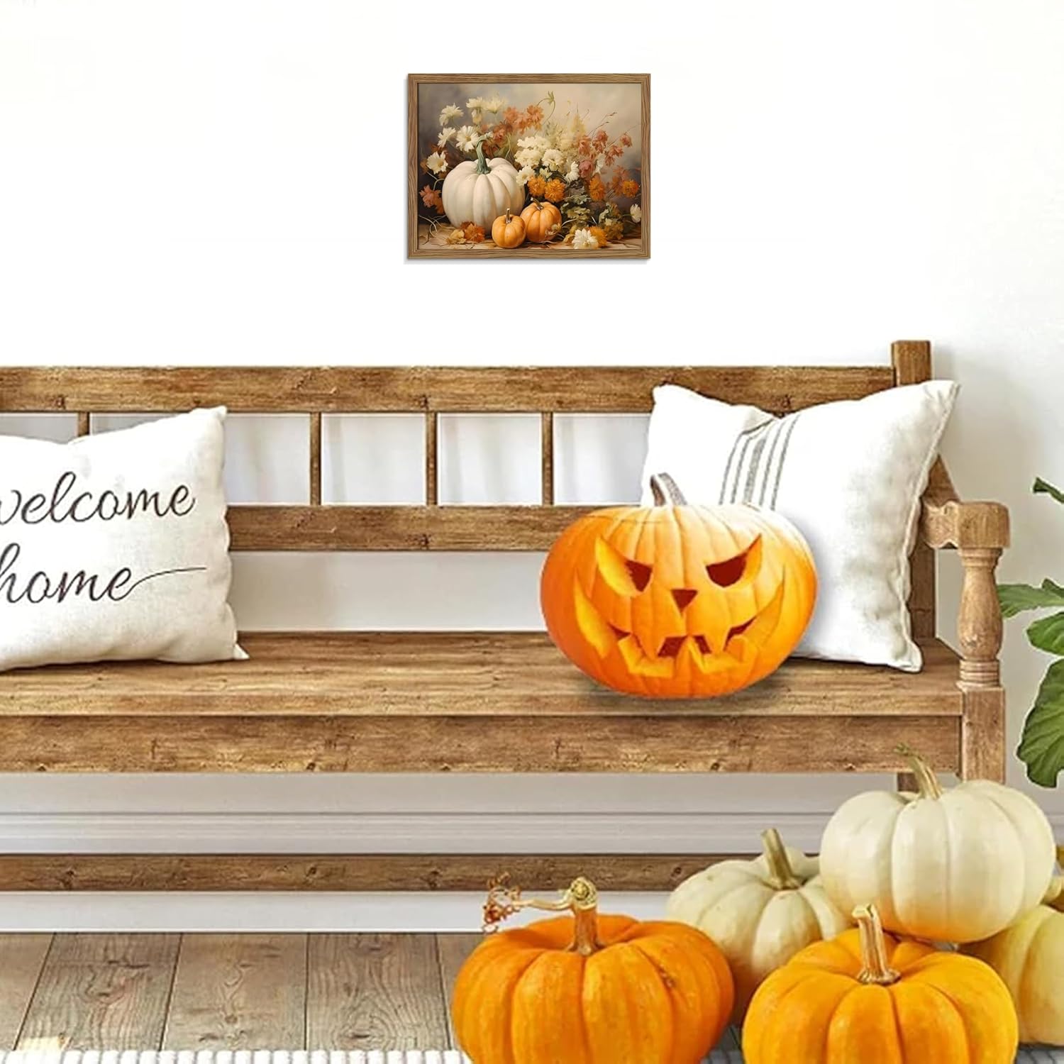 8x10" Rustic Farmhouse Framed White Pumpkin & Floral Fall Canvas Art - Image 8