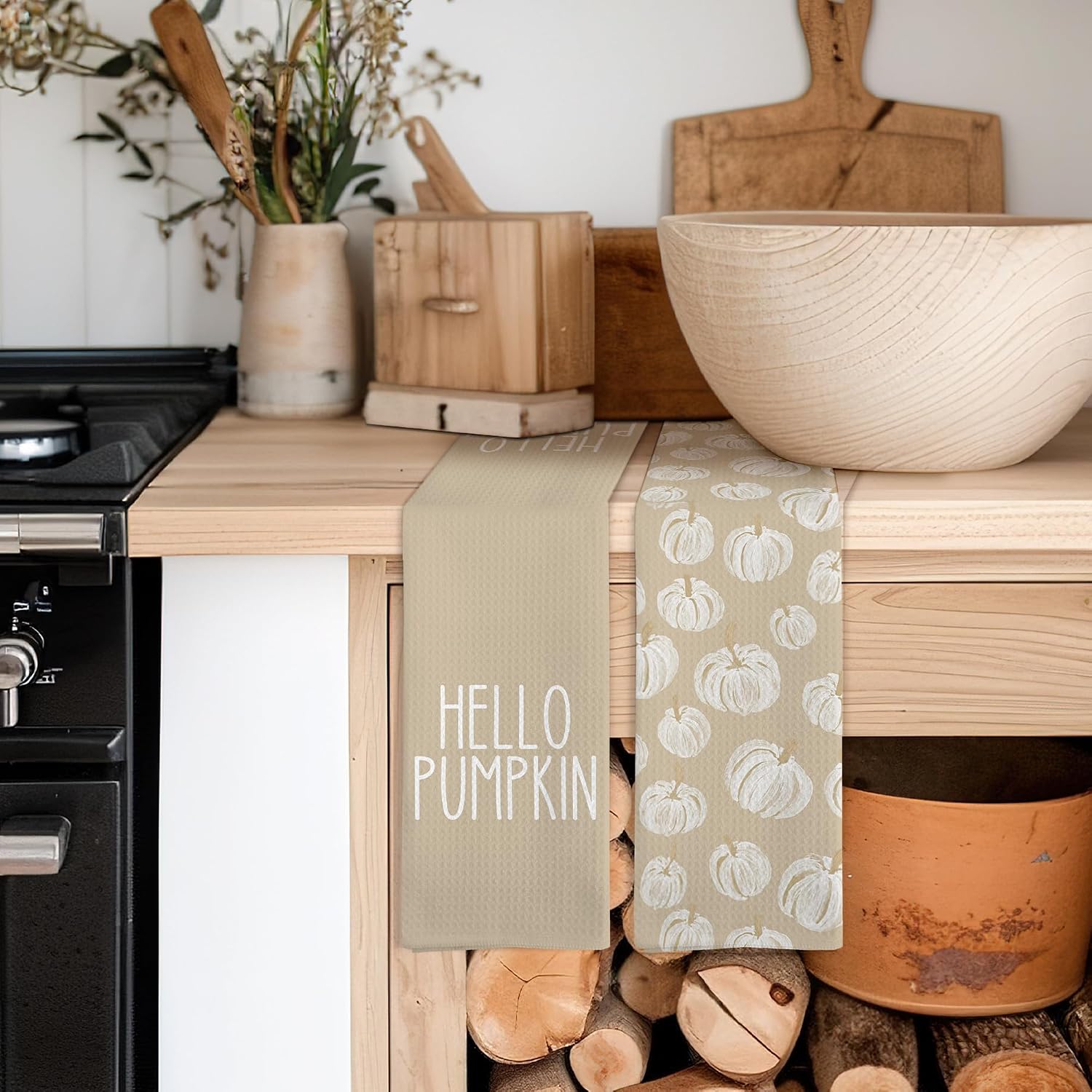 Boho Farmhouse Fall Pumpkin Tea Towels (Set of 2) for Kitchen & Bath Decor. - Image 4
