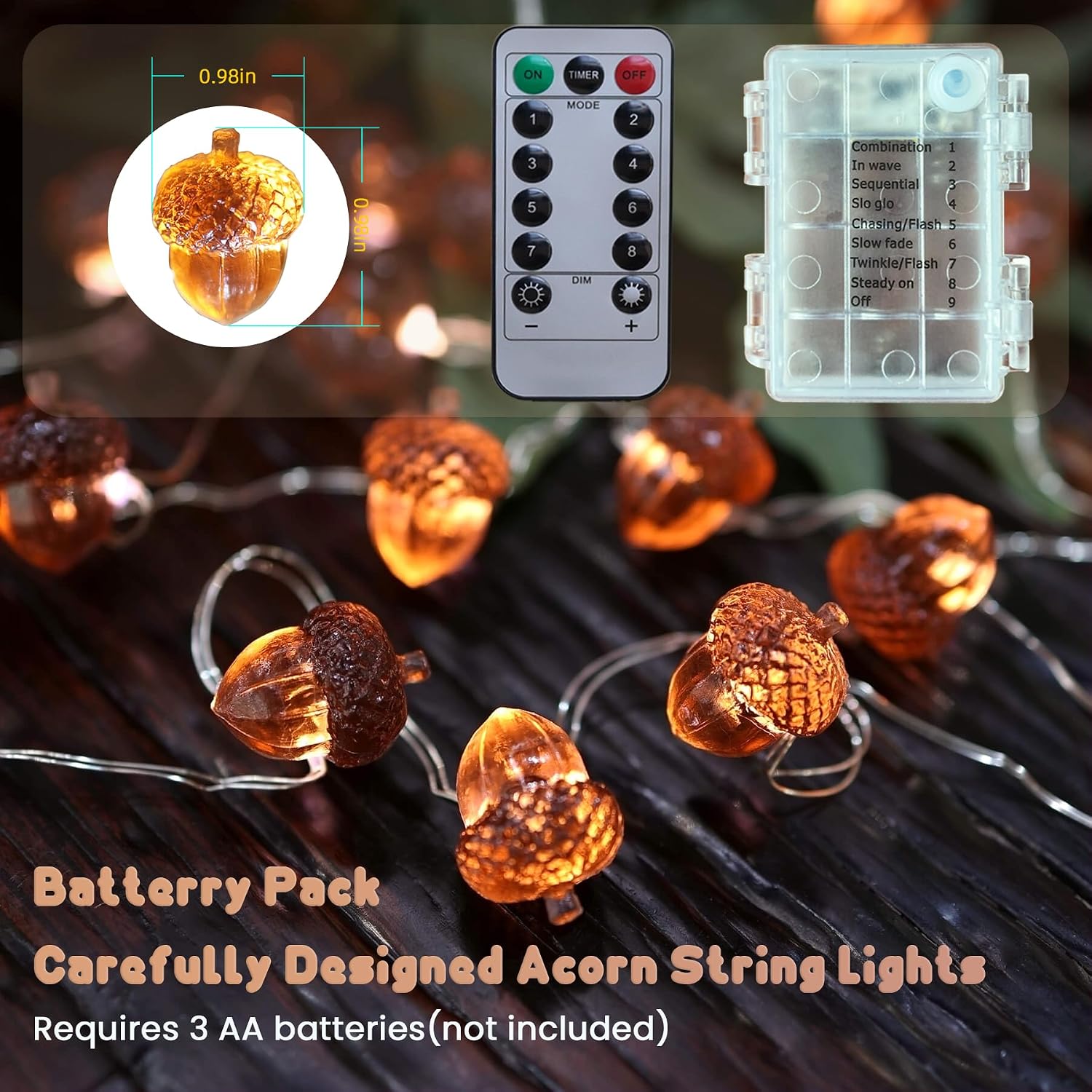 Fall Acorn Fairy String Lights - 30 LED, 10ft, Battery for Harvest & Thanksgiving Decor - Image 3