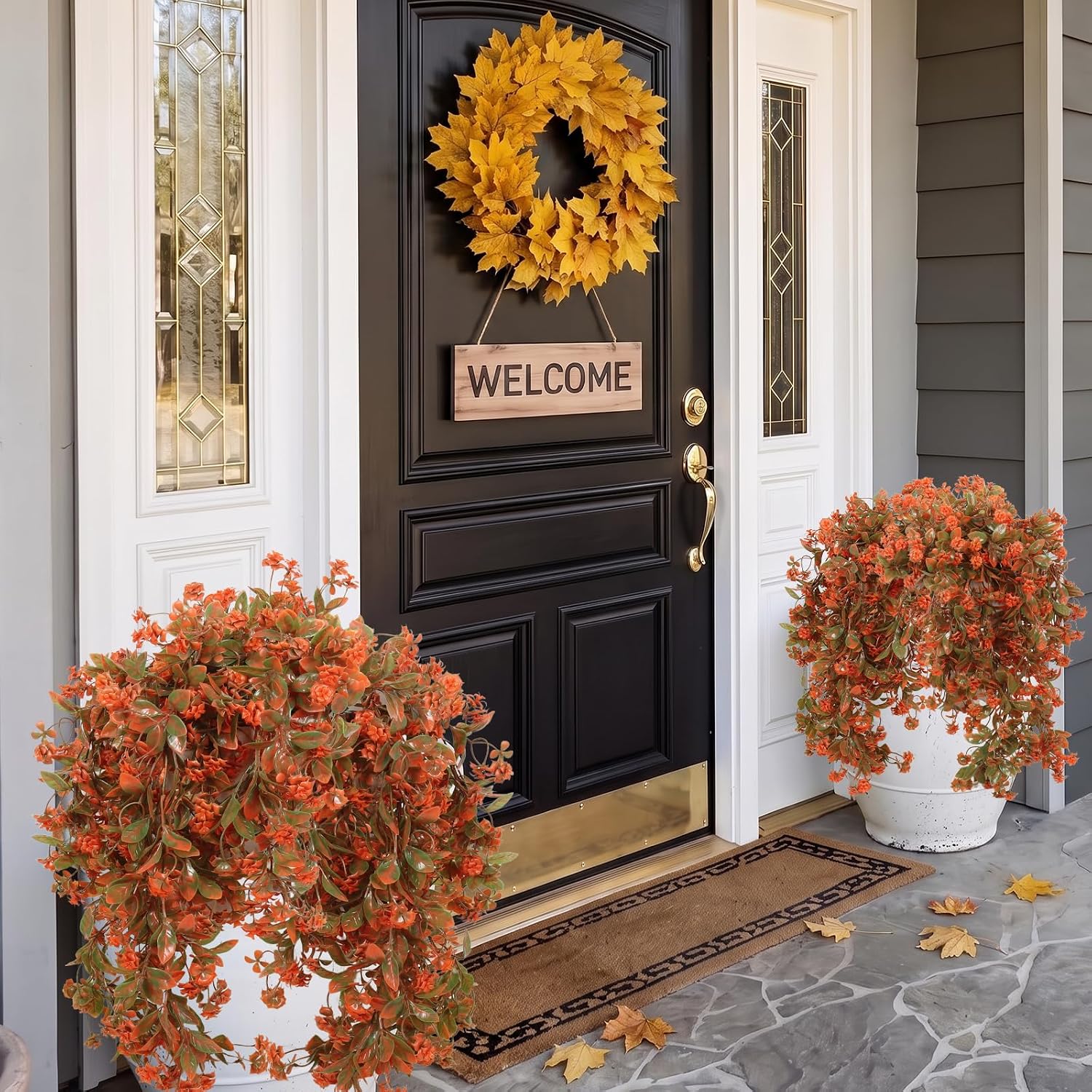 2 Faux Fall Hanging Flowers: UV Resistant Eucalyptus Vines for Outdoor Autumn Red Decor - Image 4