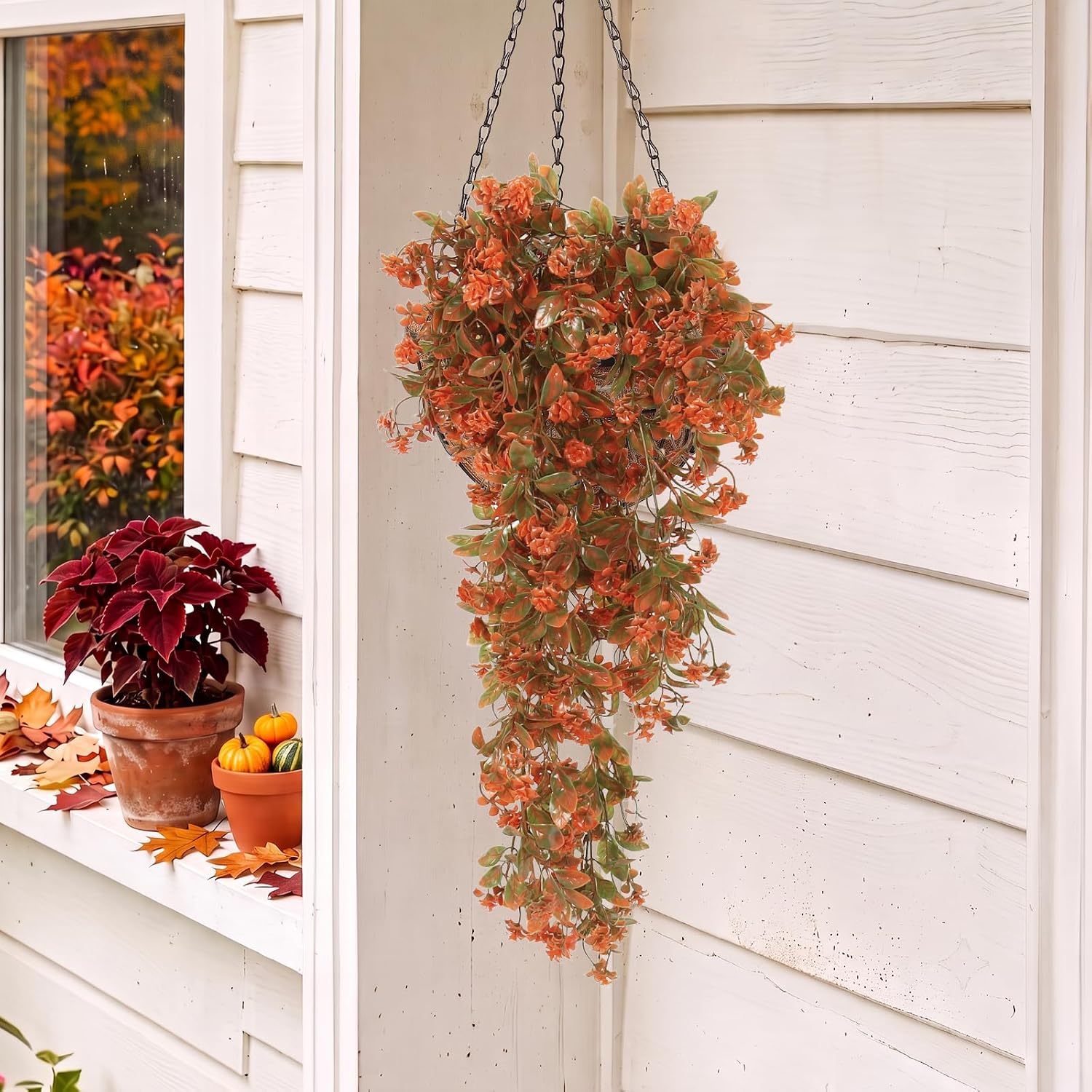 2 Faux Fall Hanging Flowers: UV Resistant Eucalyptus Vines for Outdoor Autumn Red Decor - Image 5