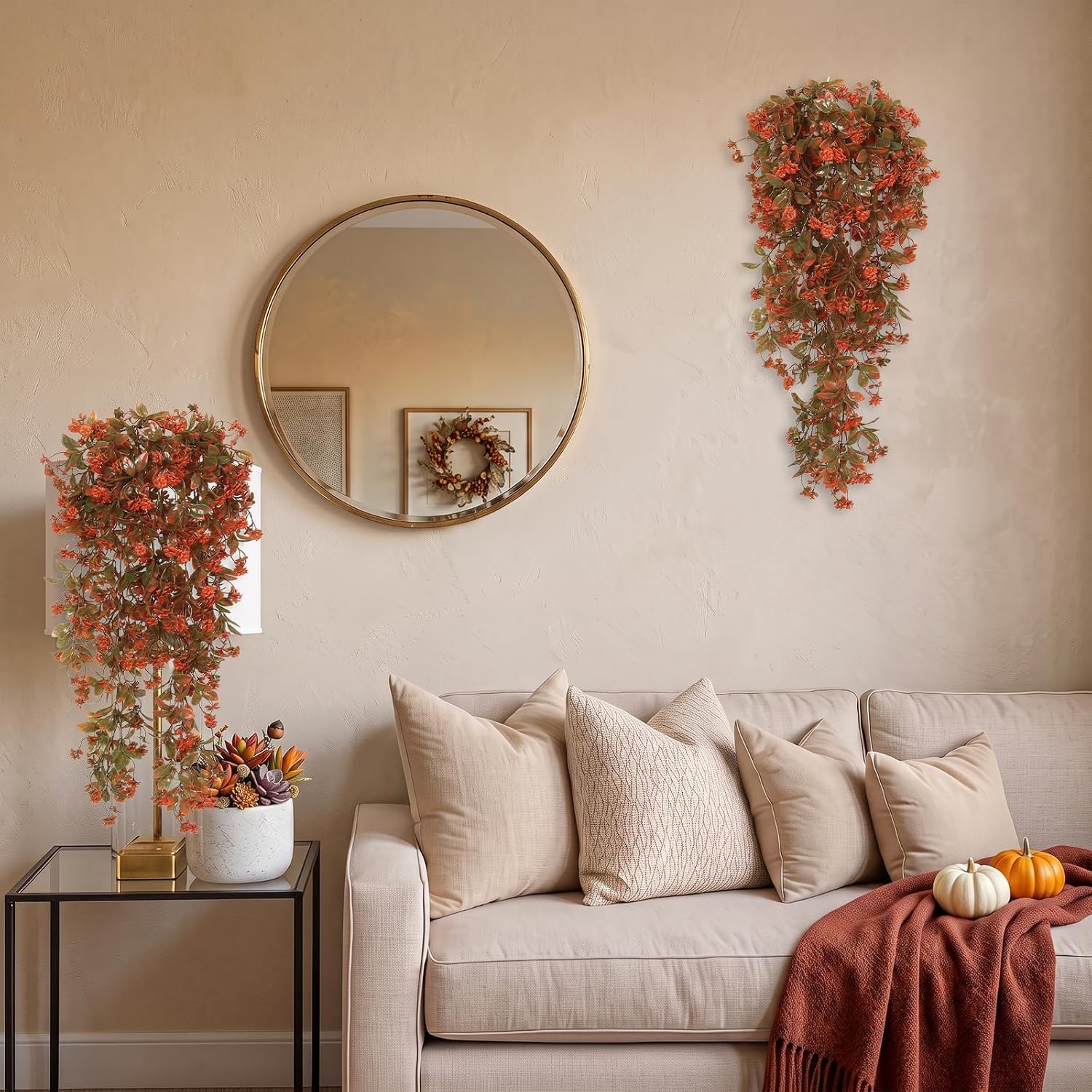 2 Faux Fall Hanging Flowers: UV Resistant Eucalyptus Vines for Outdoor Autumn Red Decor - Image 6