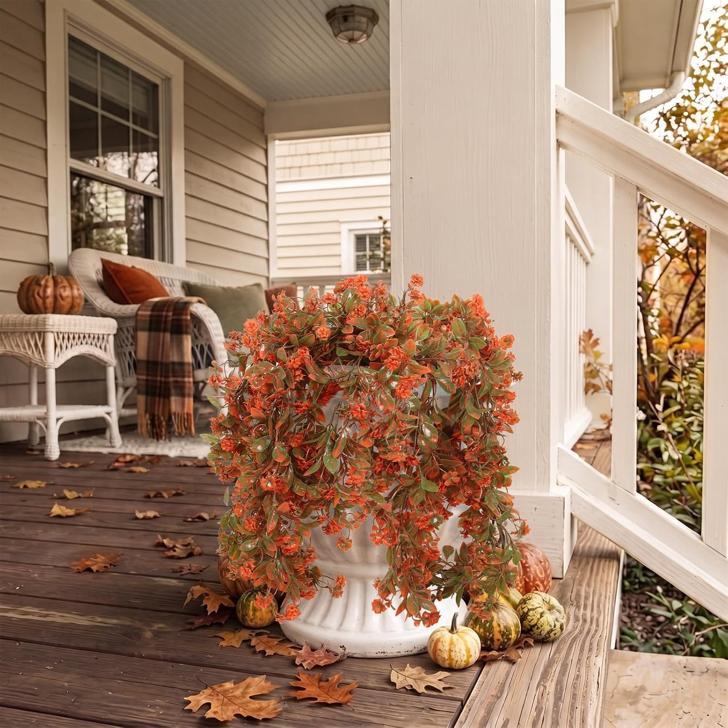 2 Faux Fall Hanging Flowers: UV Resistant Eucalyptus Vines for Outdoor Autumn Red Decor - Image 7