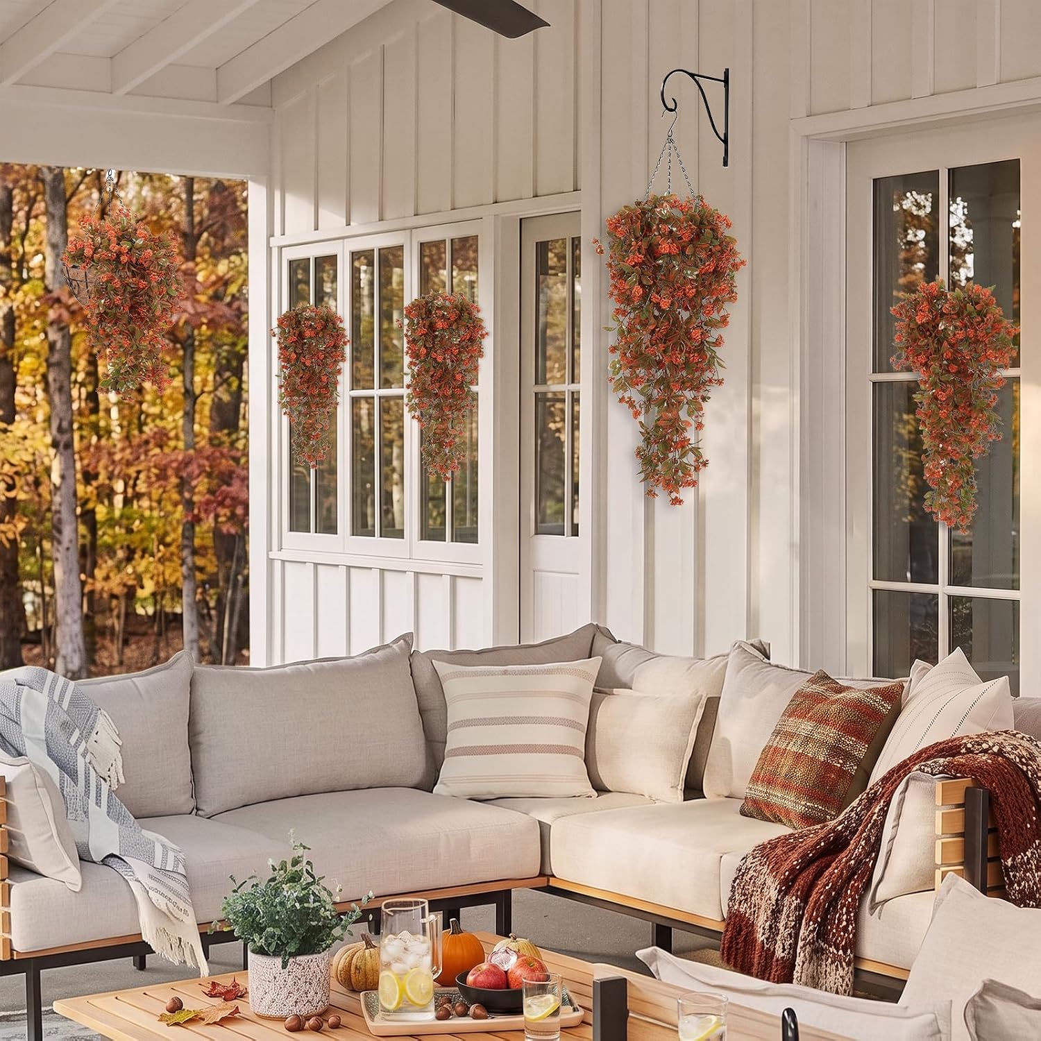 2 Faux Fall Hanging Flowers: UV Resistant Eucalyptus Vines for Outdoor Autumn Red Decor - Image 8