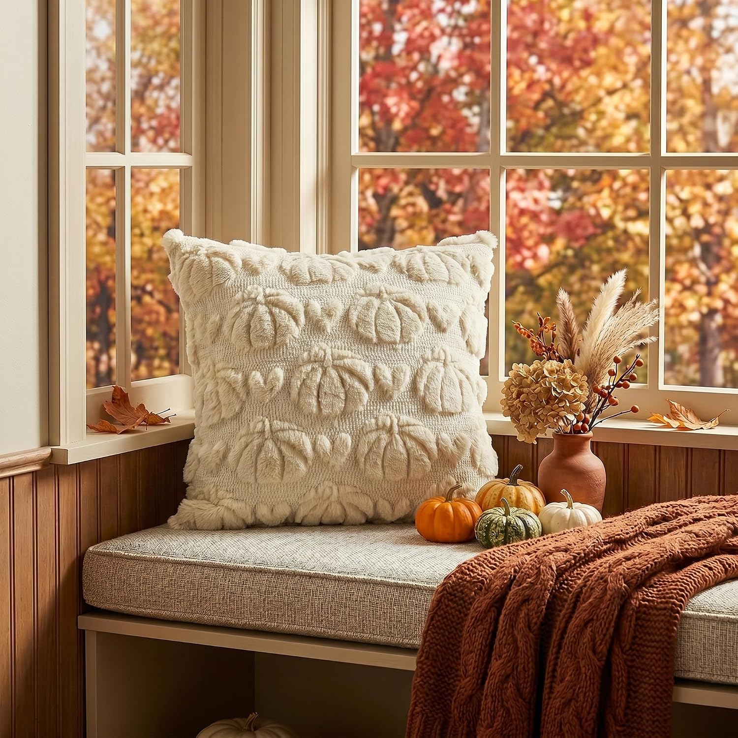 18x18 Beige Pumpkin Fall Plush Faux Fur Throw Pillow Covers (Set of 2) - Image 3