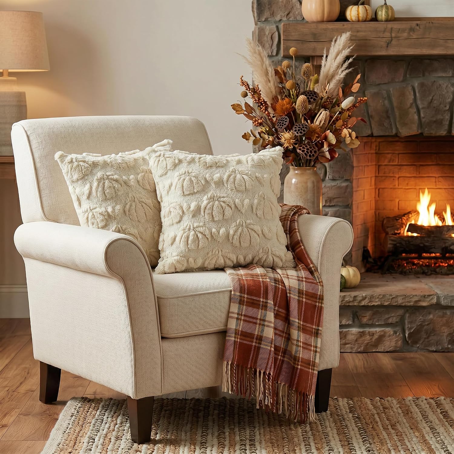 18x18 Beige Pumpkin Fall Plush Faux Fur Throw Pillow Covers (Set of 2) - Image 4