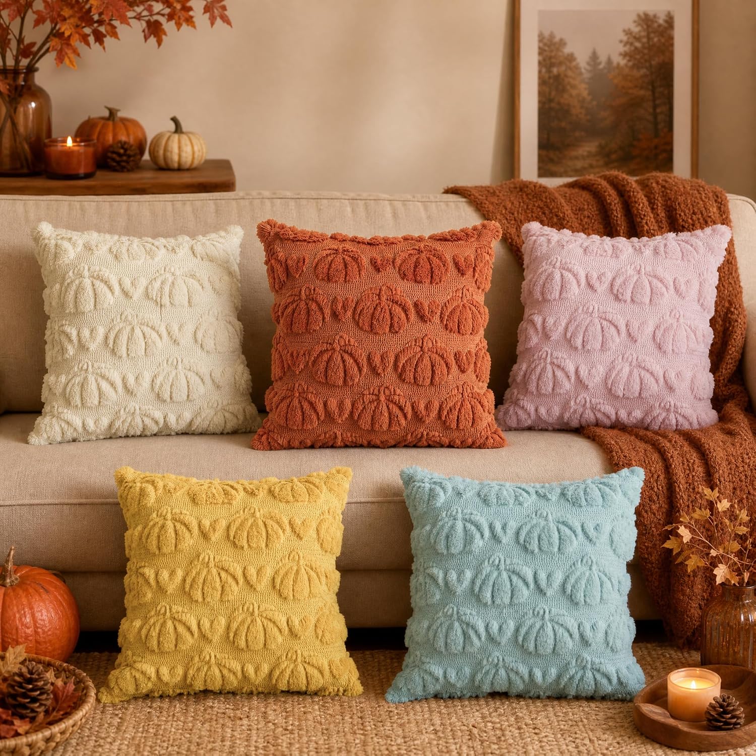 18x18 Beige Pumpkin Fall Plush Faux Fur Throw Pillow Covers (Set of 2) - Image 5