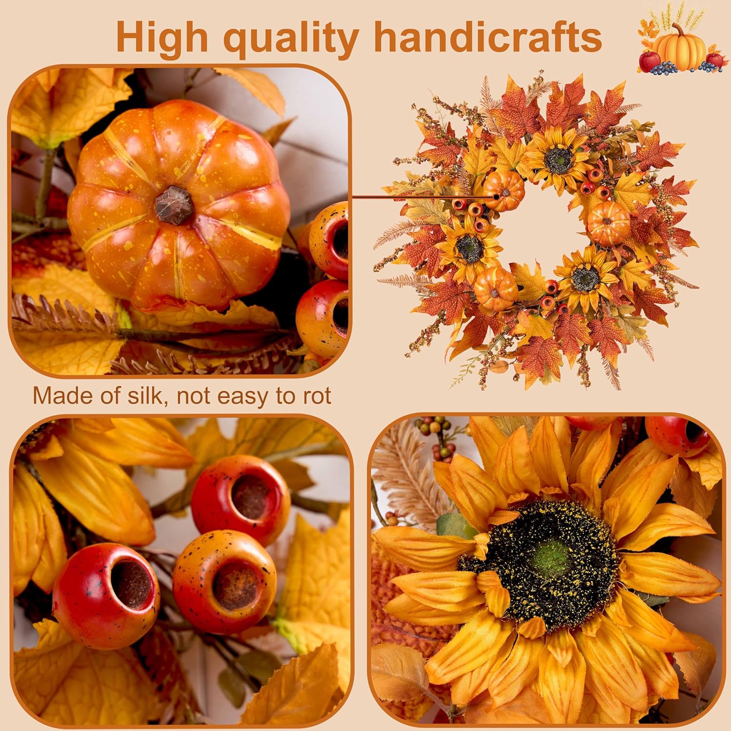 24" Fall Wreath Review: Pumpkins, Sunflowers, Berries for Autumn Front Door - Image 4