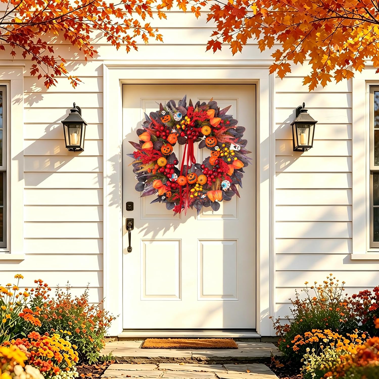 24" Spooky Jack-o'-lantern Door Wreath: Fall Berries & Bow Decor - Image 2