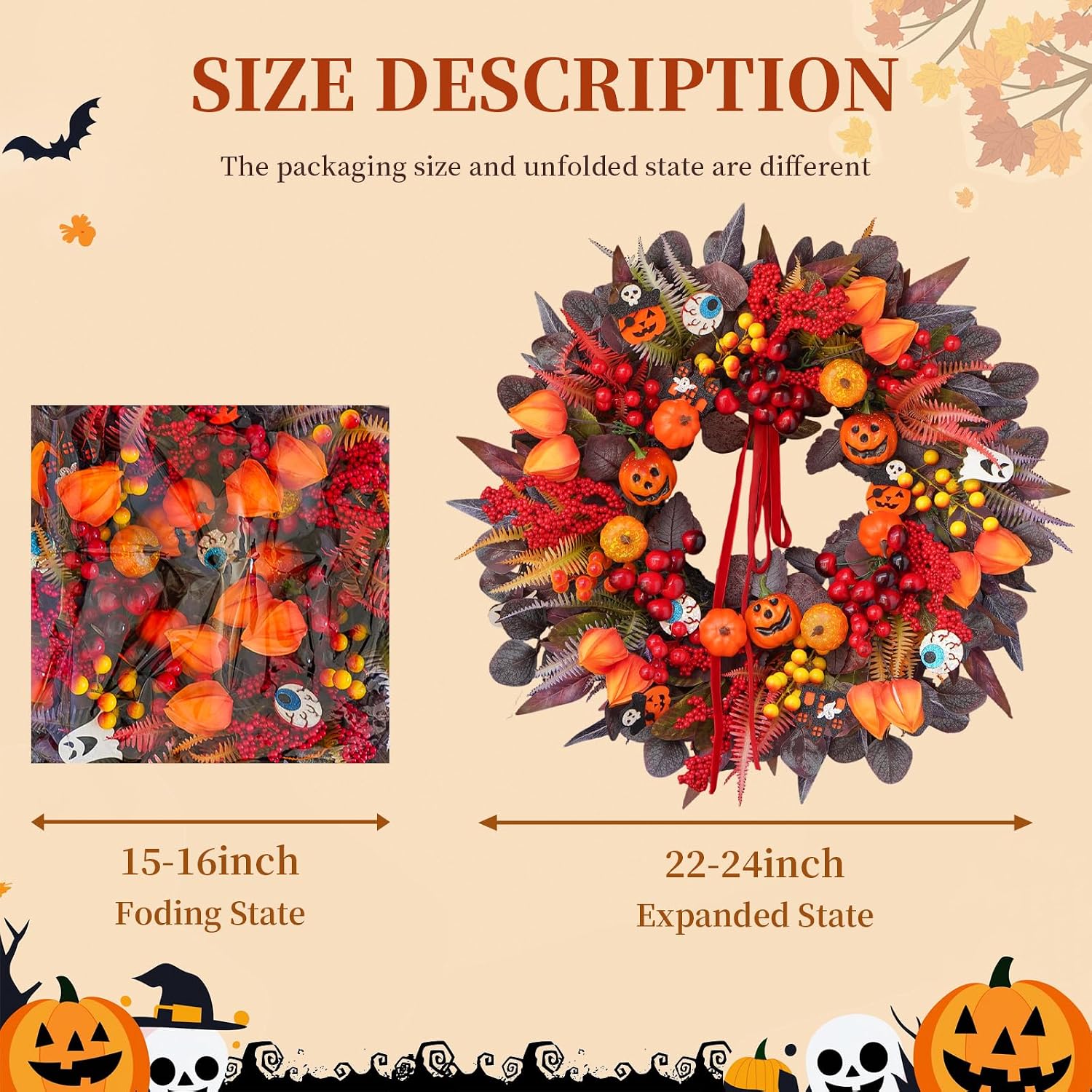 24" Spooky Jack-o'-lantern Door Wreath: Fall Berries & Bow Decor - Image 3