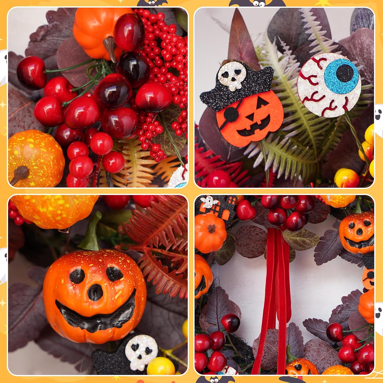 24" Spooky Jack-o'-lantern Door Wreath: Fall Berries & Bow Decor - Image 4