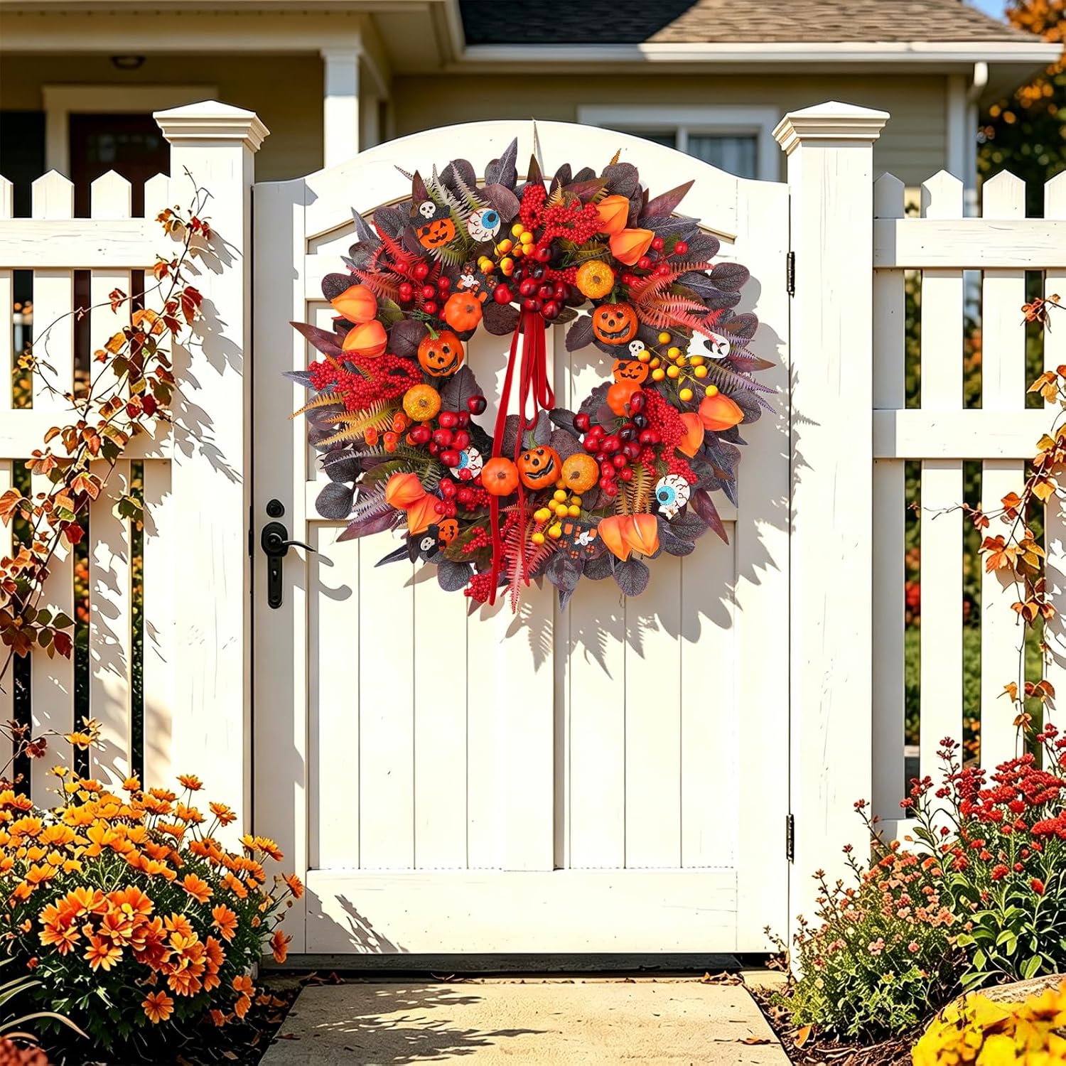 24" Spooky Jack-o'-lantern Door Wreath: Fall Berries & Bow Decor - Image 5
