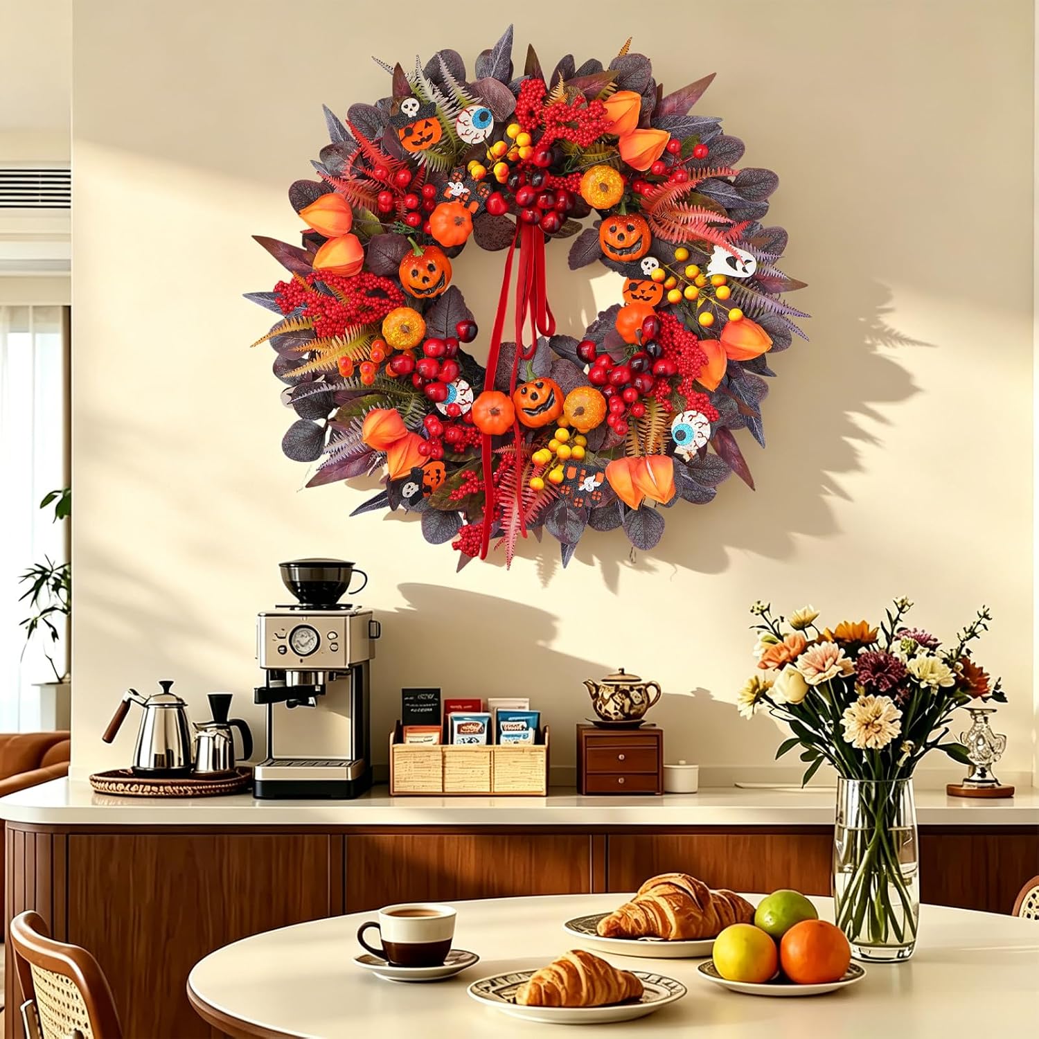 24" Spooky Jack-o'-lantern Door Wreath: Fall Berries & Bow Decor - Image 6