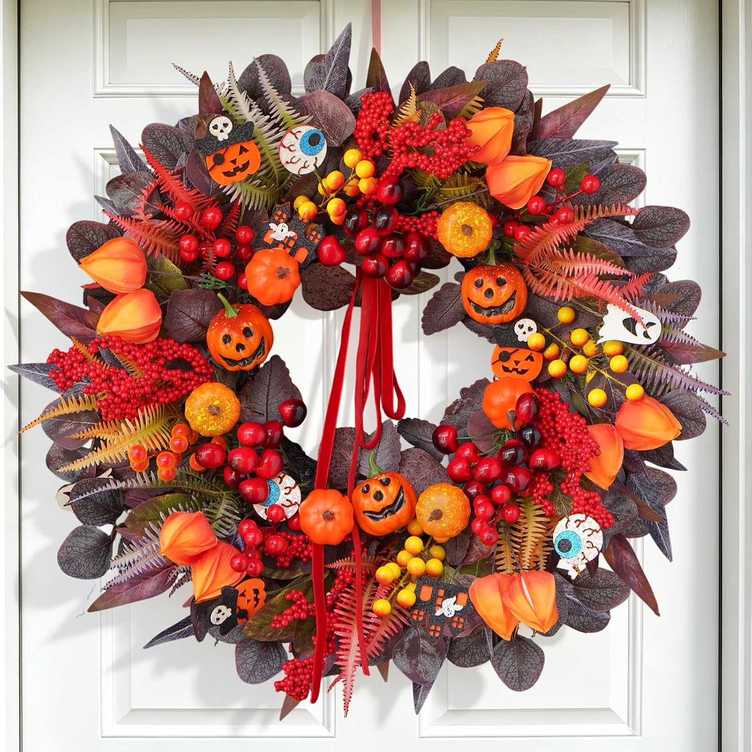 24" Spooky Jack-o'-lantern Door Wreath: Fall Berries & Bow Decor - Image 7