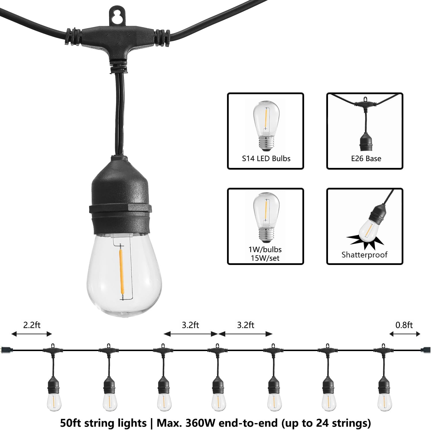 50ft Outdoor LED Patio String Lights: Shatterproof & Waterproof Decor - Image 2