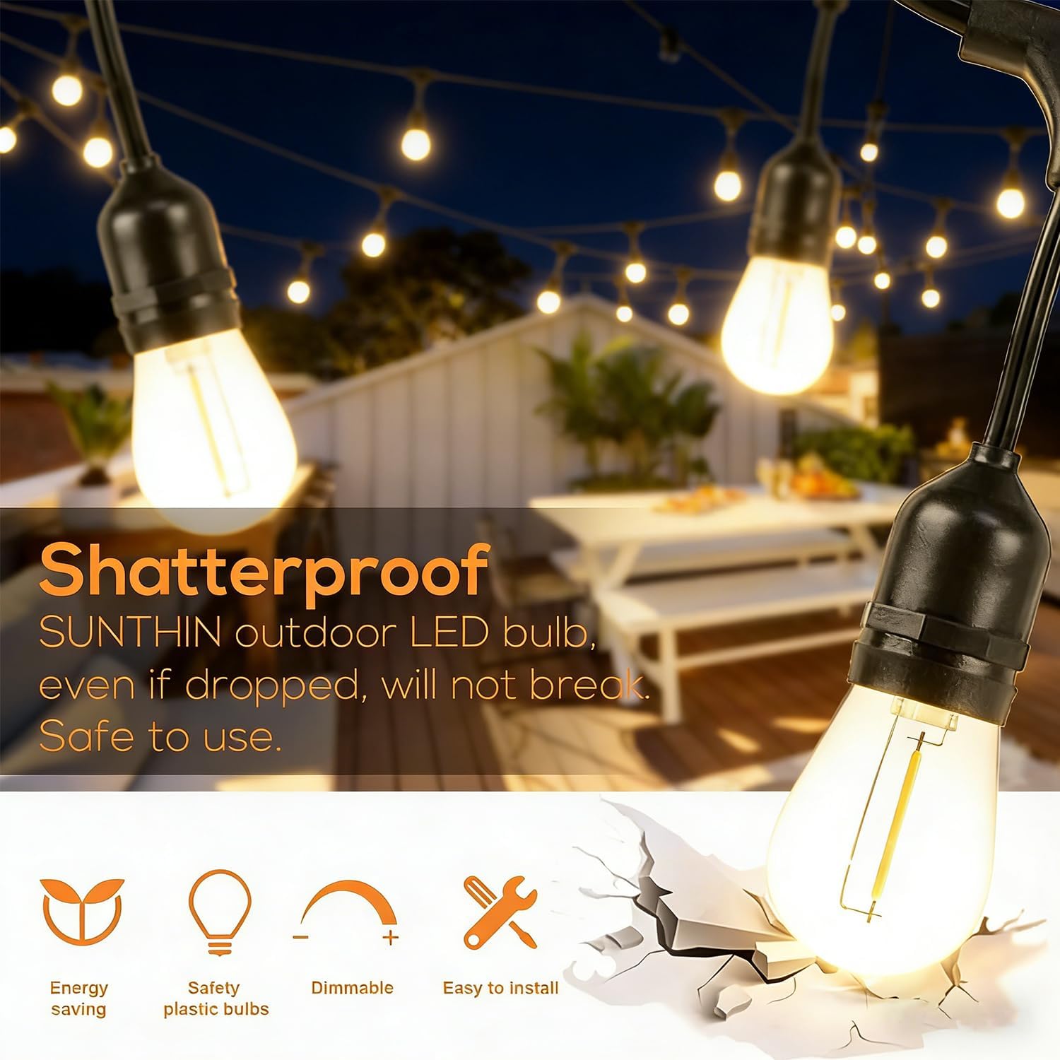 50ft Outdoor LED Patio String Lights: Shatterproof & Waterproof Decor - Image 5